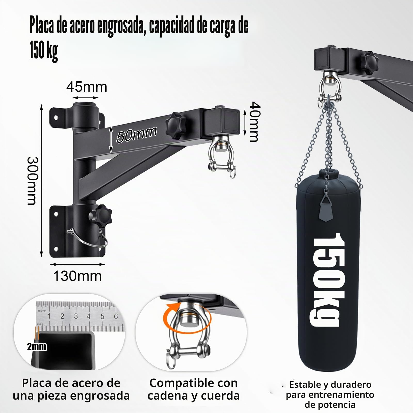 Soporte Saco Boxeo Pared, Colgador Ajustable 43-63cm, Rotación 180°, Soporta 150kg, para Muay Thai