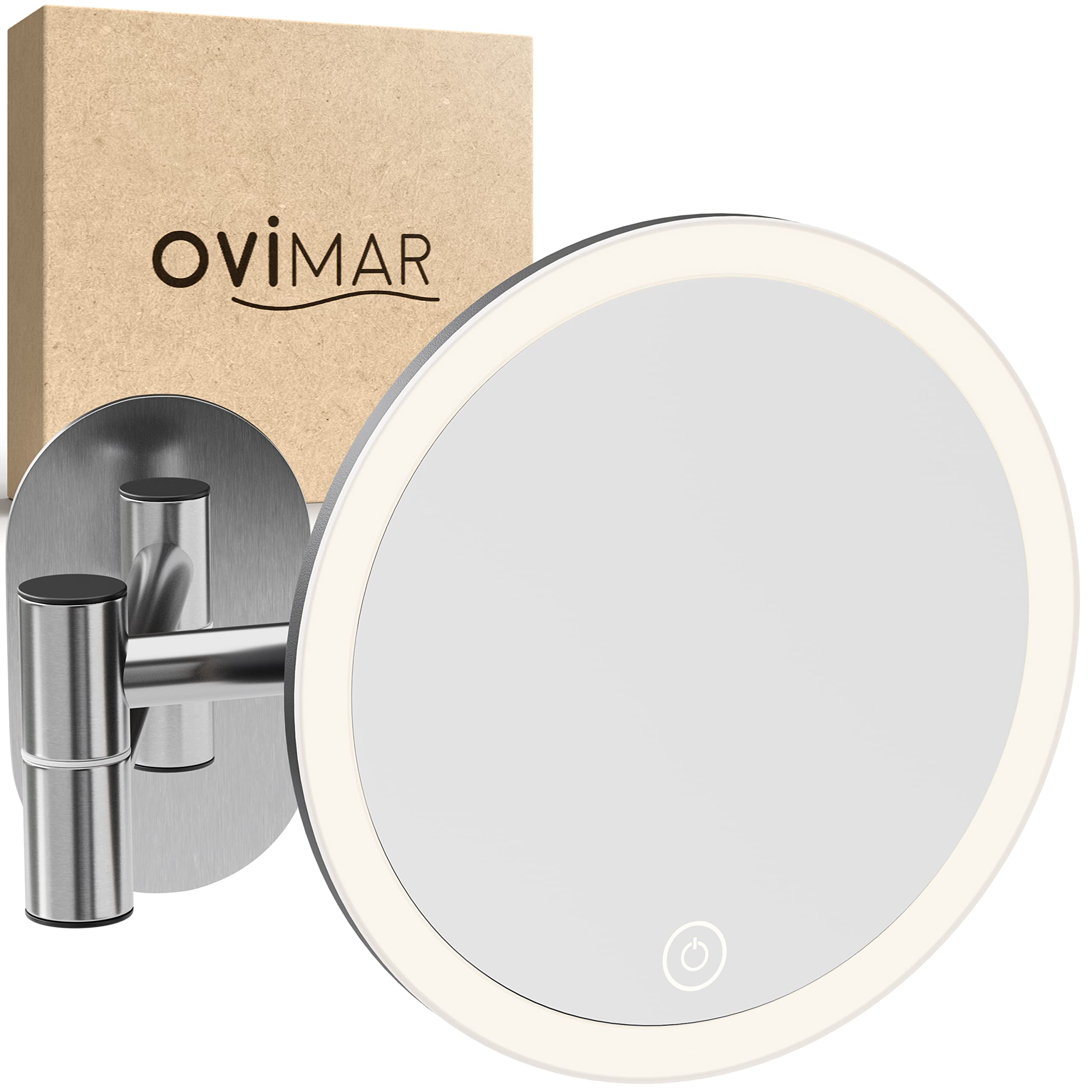 ovimar Vorupor - Espejo cosmético plateado con iluminación, recargable, montaje en pared sin agujeros, para el cuarto de baño, 5 aumentos, espejo de maquillaje con luz, 360 grados