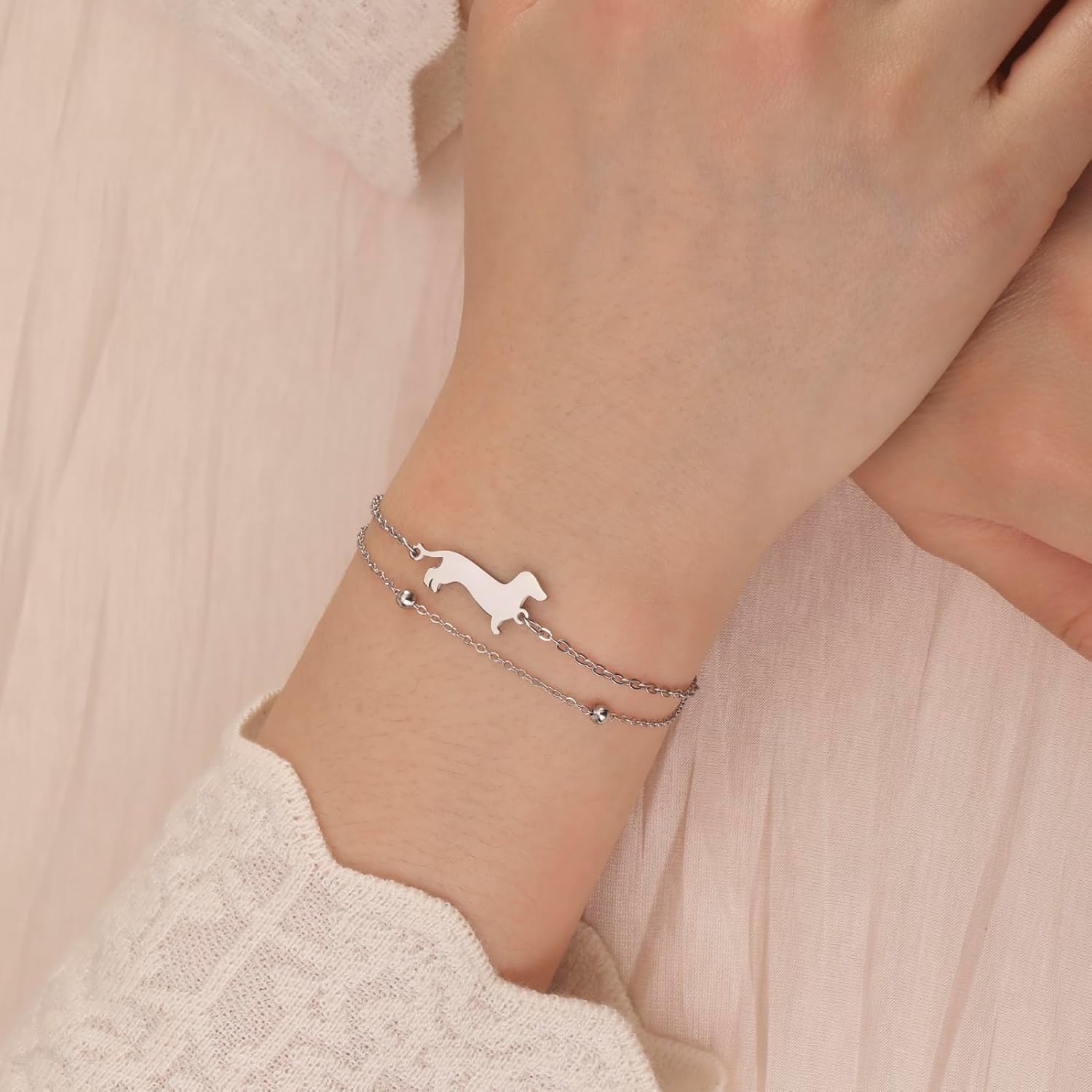 TEAMER Cute Dachshund Bracelet Resizable Dachshund Double Chain Bracelet Stainless Steel Dachshund Lover Pet Animal Jewelry For Women - Image 5