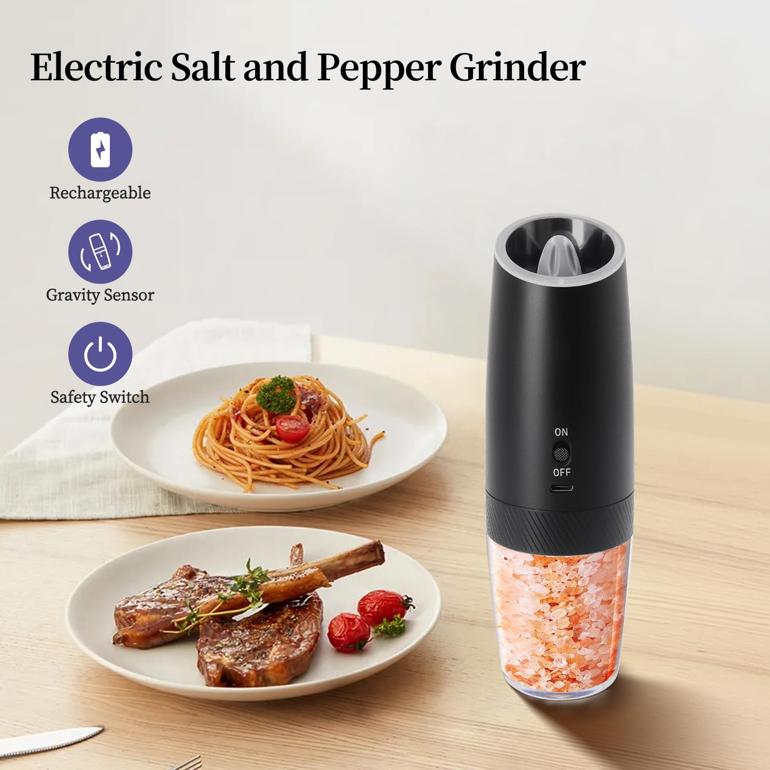 ELMWAY Gravity Rechargeable Salt and Pepper Grinder, Automatic Electric Salt & Pepper Mill with Adjustable Coarseness - Image 2