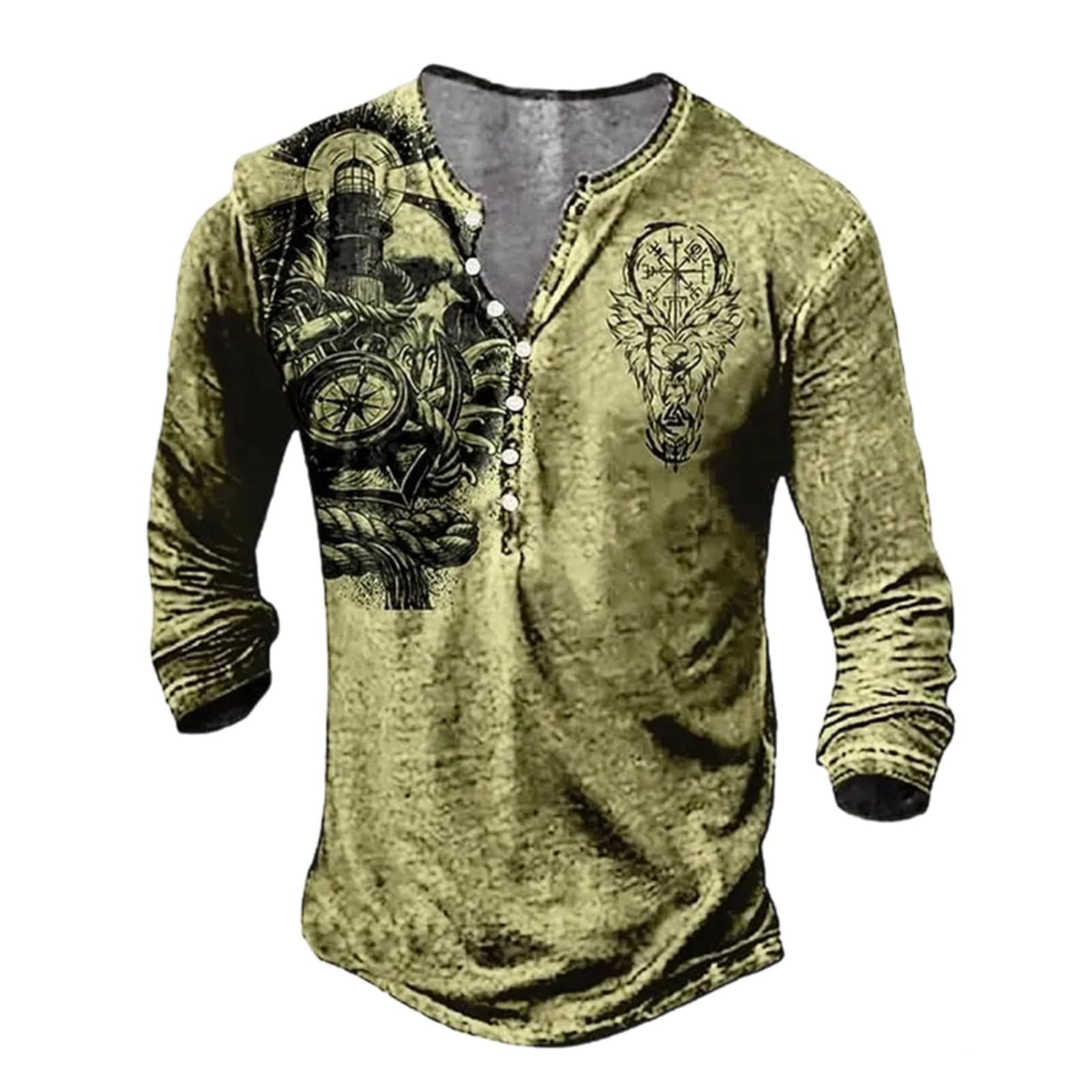 Men's Gothic Nordic Mythology T Shirts Retro Printed V Neck Lace Up Long Sleeve Pullover Vintage Distressed Henley Shirt Top Street Tshirt Sports Shirt, yellow, XL