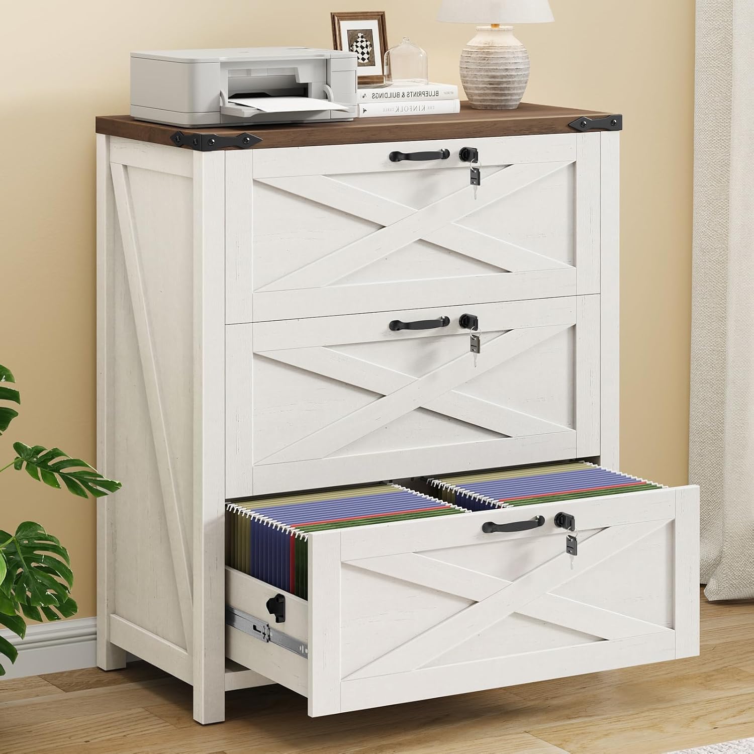 Halitaa File Cabinet with 3 Drawers, Lateral File Cabinet for Letter/Legal/A4 Size Hanging Files, Large Wood File Storage Cabinets Printer Stand for Home Office, Rustic White and Brown