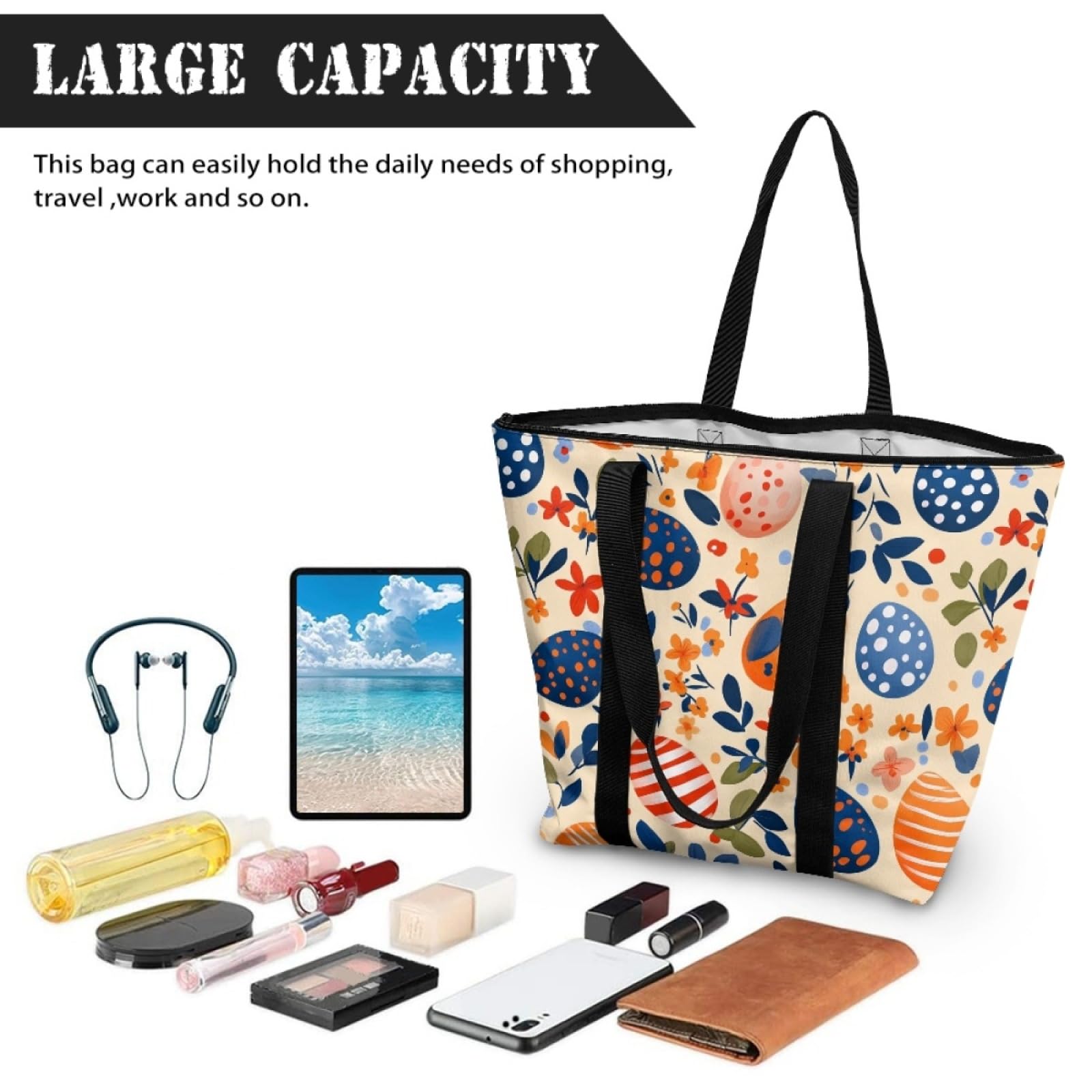 Tote Bag Tela Bolsa Tela Poliéster Bolsa Compra Plegable Bolso de Mano de Mujer Reutilizable Totebag Playa Cremallera Duradero Bolso Viaje