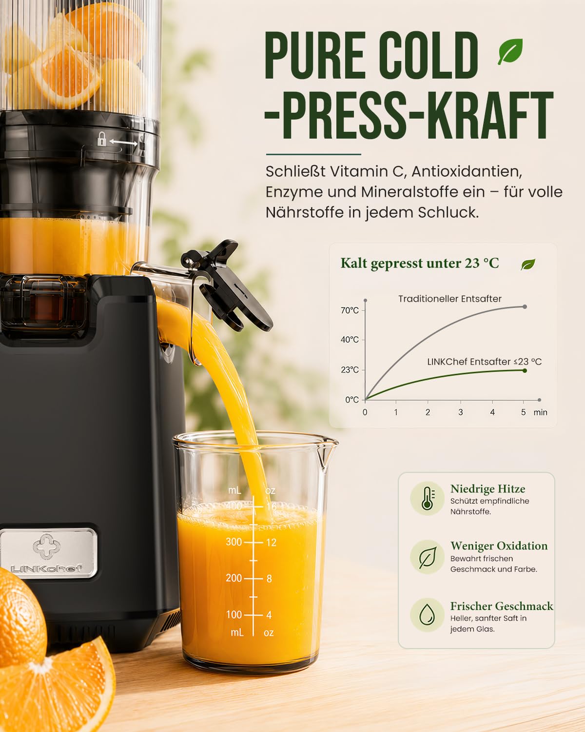 LINKChef Entsafter Slow Juicer, 130 mm große Öffnung, Entsafter Gemüse und Obst, 1,8 L Kapazität, 250W Elektrischer Juicer mit Rücklauffunktion, Leise, Einfache Montage, Leicht zu Reinigen, BPA-frei