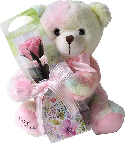 Amazon 宅配花屋さん花riro プリザーブドフラワー 虹色クマさんと一輪の薔薇 ピンク プレゼント お祝い 記念日 誕生日 アレンジ プリザーブドフラワー オンライン通販