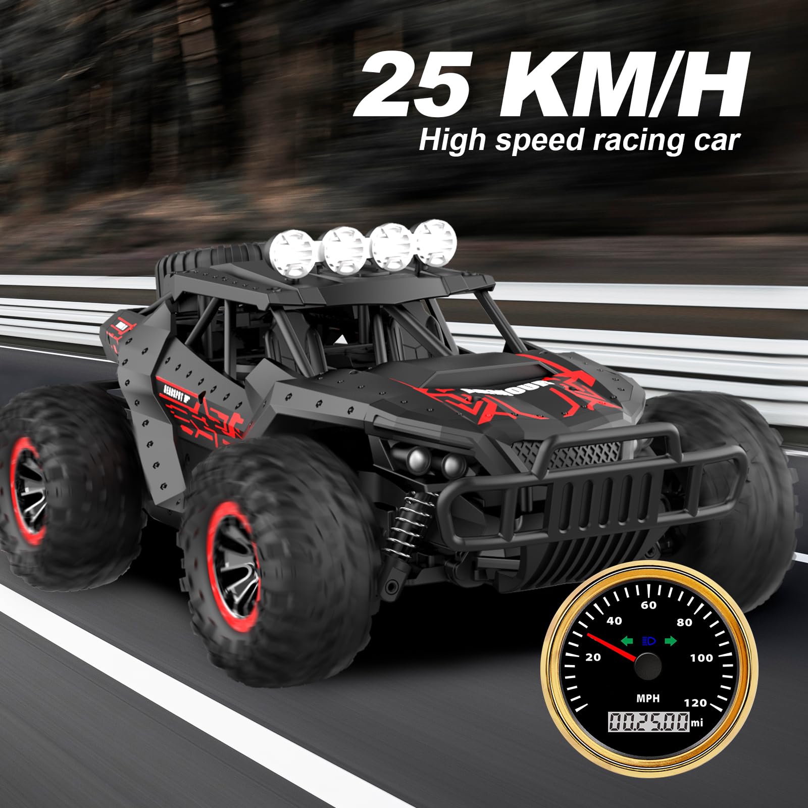 Coche Teledirigido,2.4GHz Todoterreno para Exteriores con 2 baterías, 70 Minutos, Escala 1:16, 25 km/h, Mando a Distancia, Coche de Carreras, camión, Todoterreno, Juguete para niños, Color Negro