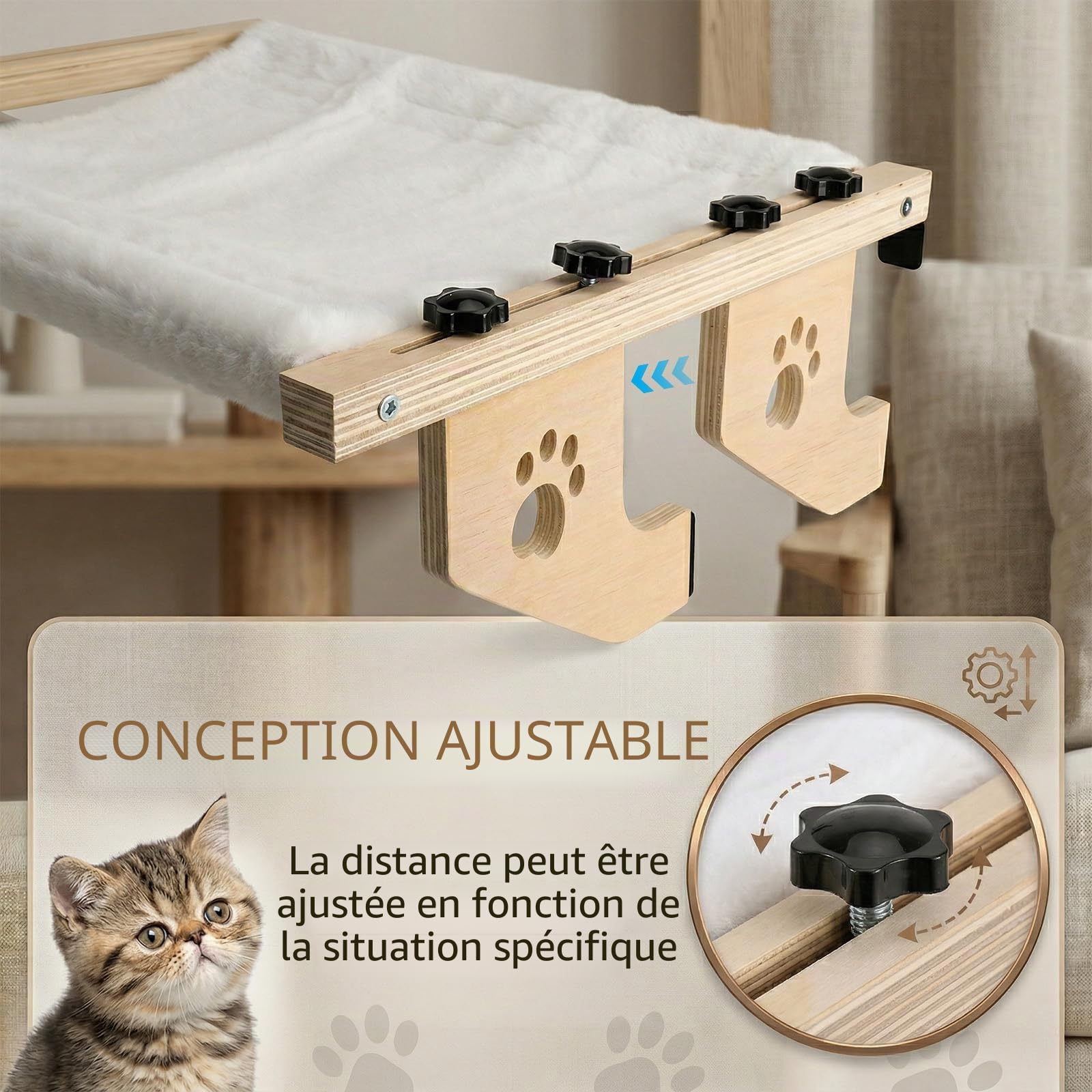 Hamac Chat Radiateur, Hamac Chat Fenetre en Bois avec Un Coussin en Peluche Lavable, Panier Fenetre sans Perçage Couchage et Mobilier