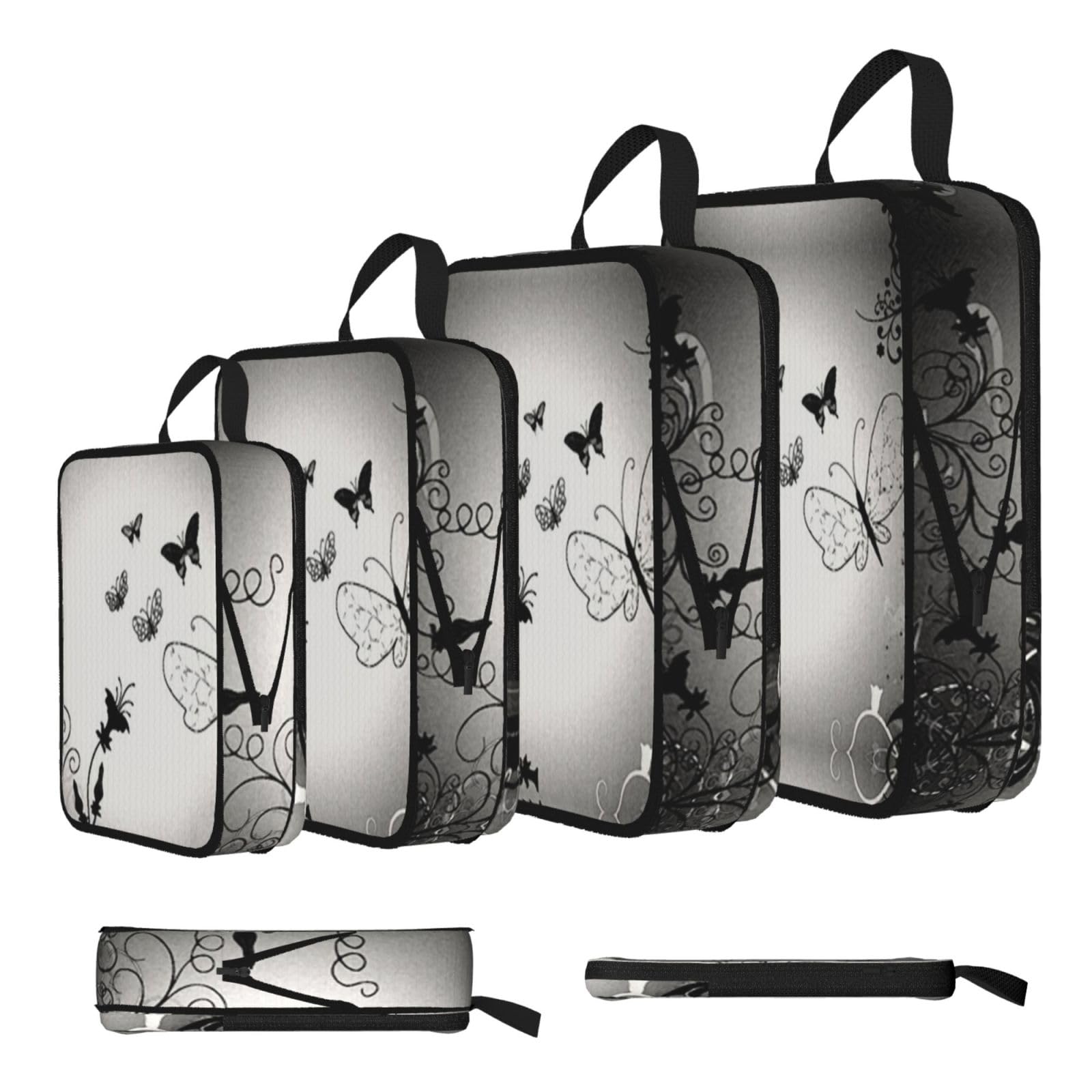 Esnaiuvcd Black Gray Butterflies Print 4 Set Compression Packing Cubes For Suitcases,Expandable Storage Bags Organizers