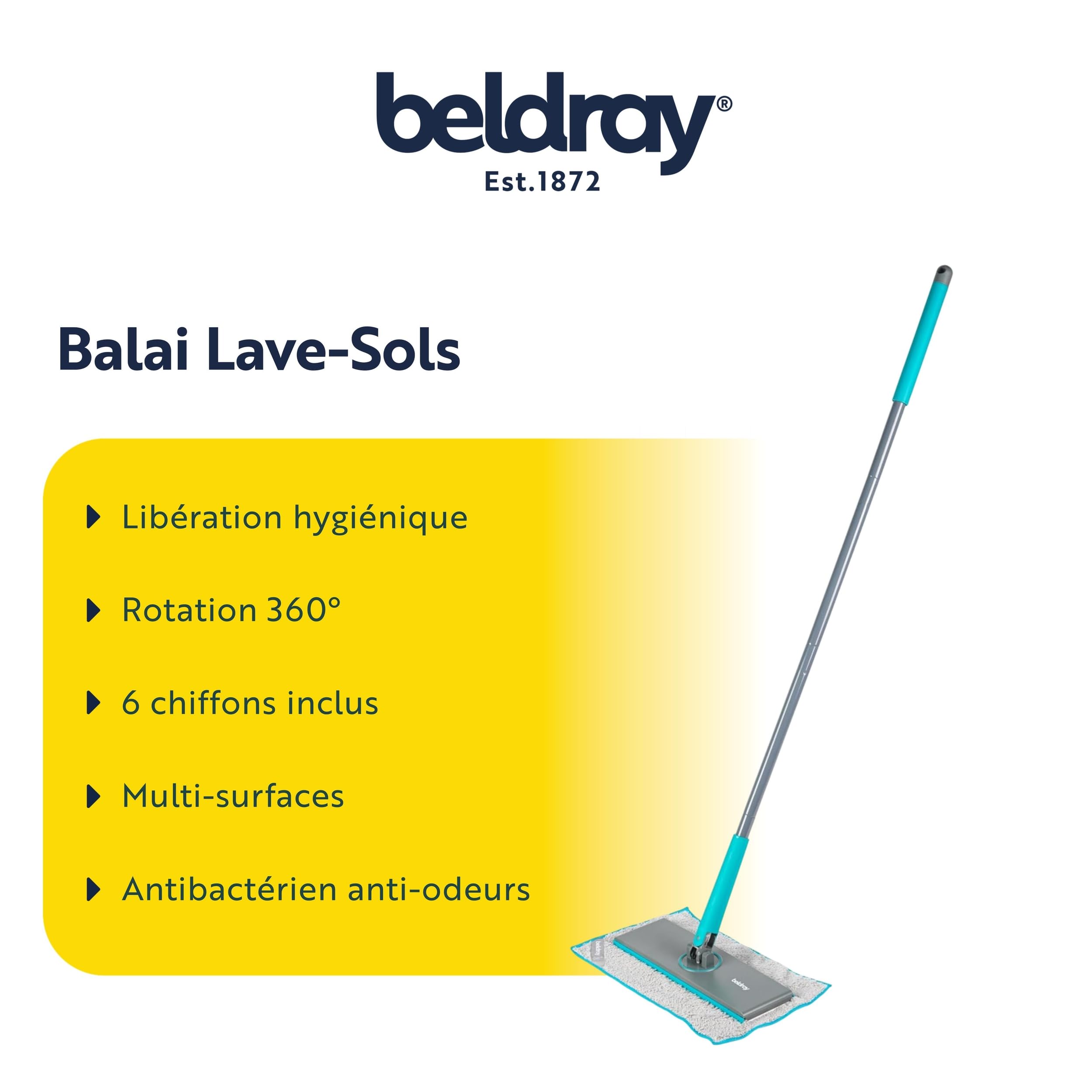 Beldray Anti-Bac Balai à Franges Clip-to-Grip pour Sol - Grande Tête de Balai, Carrelages/Sol/Miroirs, Manche à Relâchement par Pression, Rotative à 360°, 6 Chiffons, Nettoyage/Récurage/Époussetage