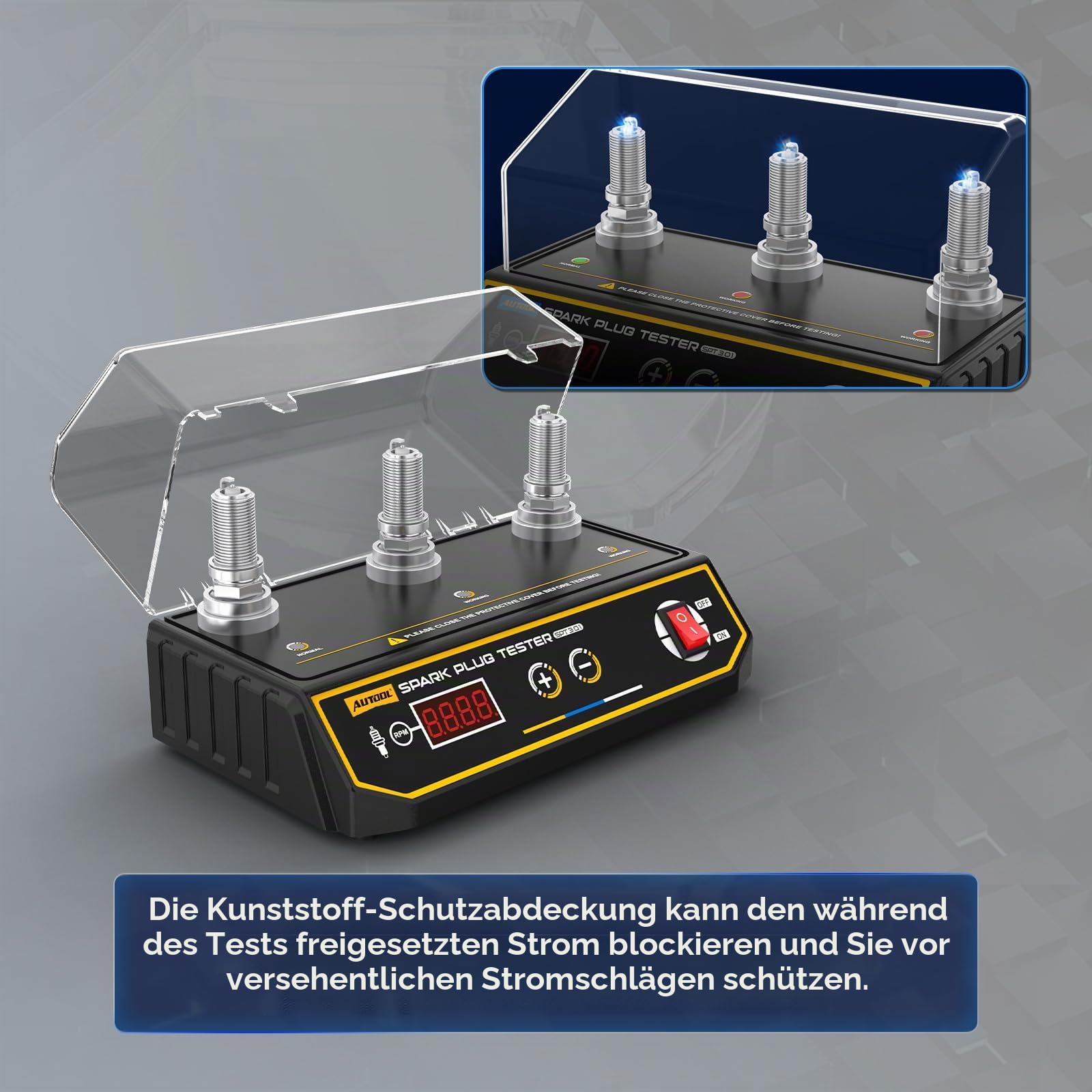 AUTOOL Zündkerzenprüfer für Autos, 200-9000 U/min, einstellbare Arbeitsfrequenz, drei Zündkerzenlöcher, Werkzeug mit Schutzkappe