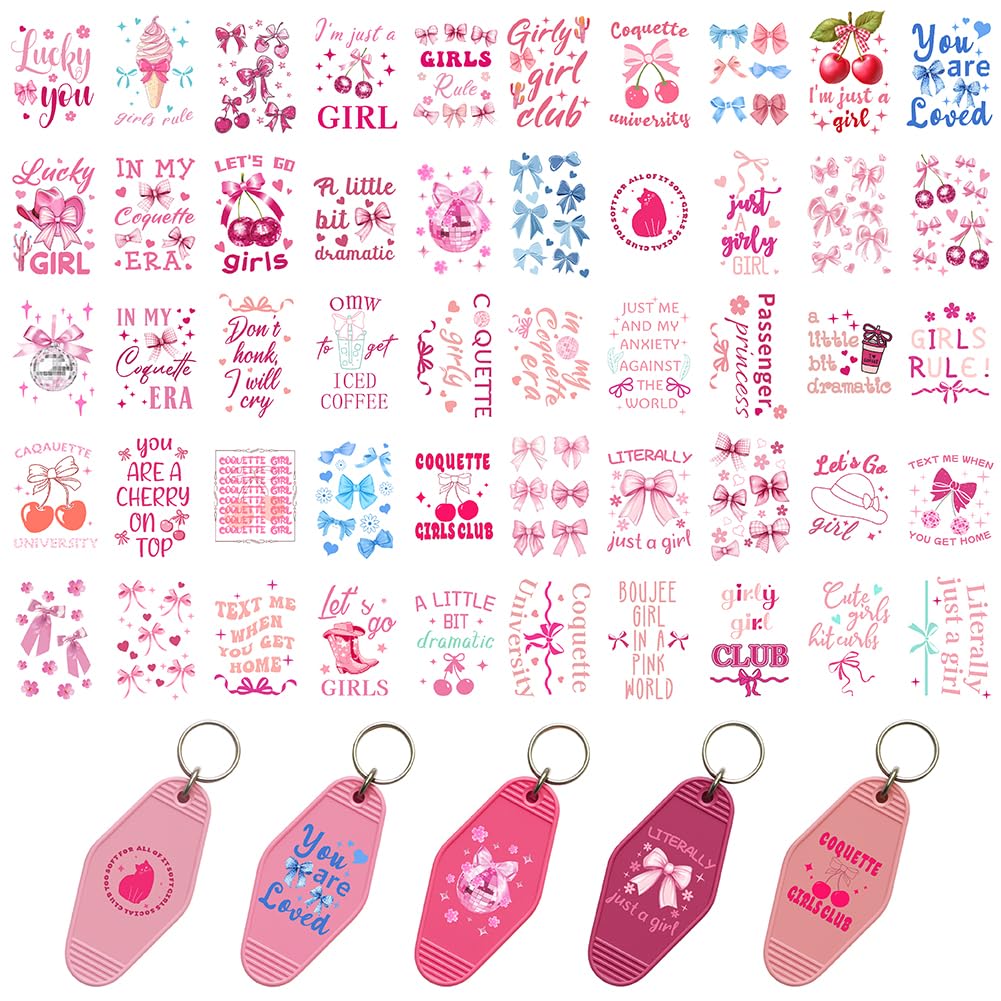 GOMAKERER 50 Pcs Blue Pink Bow Tie Motel Keychain Stickers, Pink Blue Cherry Bow UV DTF Stickers Waterproof Uvdtf Transfer Sticker Decals for Acrylic Hotel Keychain Card