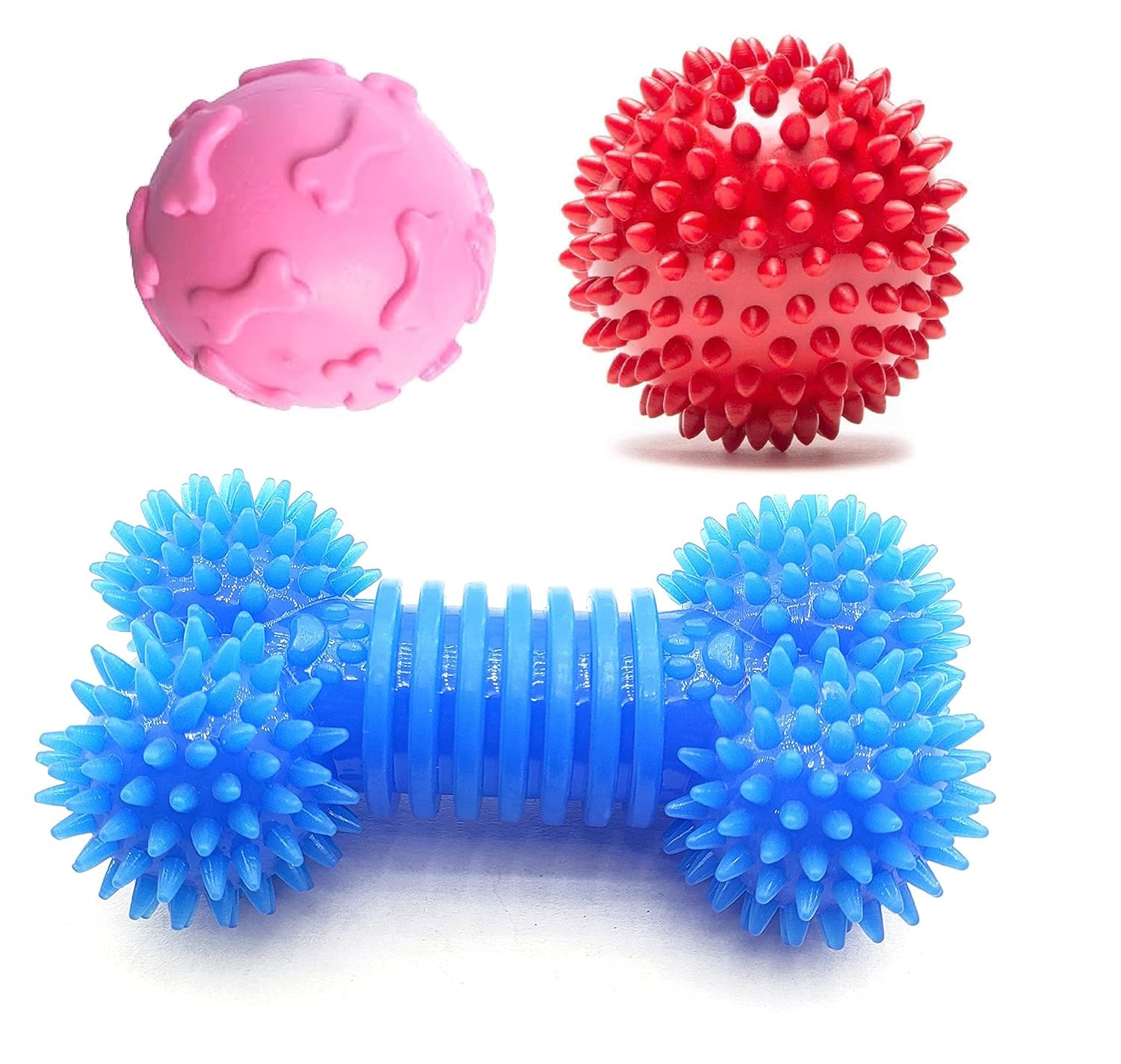 Pet Believe Dog Toy Combo of 3 Pcs Solide Rubbar Ball, TPR Squeaky Ball, Squaky Dumbbell, for Puppy & Small Pets (Colour May Vary)