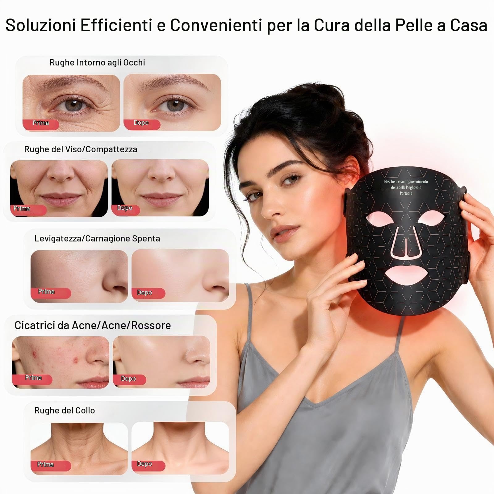 Maschera LED Viso e Collo,Maschera con Luce Rossa e Infrarossi Viso Silicone,LED Face Mask Antirughe 5 Timer,Anti-aging,Ringiovanimento,Ricaricabile,Adatto a Tutti i Tipi di Pelle