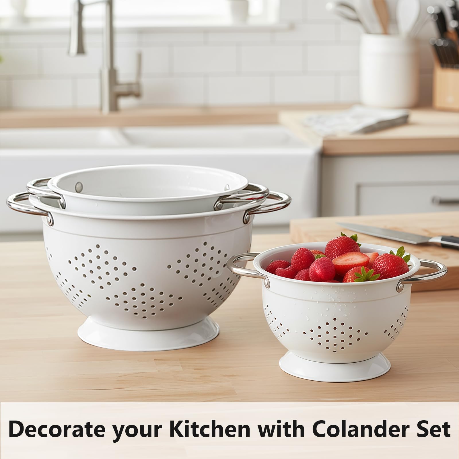 Hillbond Set di 3 colini da 1,5, 3, 5 QT in metallo verniciato a polvere con manici rivettati in acciaio inox e base stabile, per scolare pasta, frutta, verdura, bianco