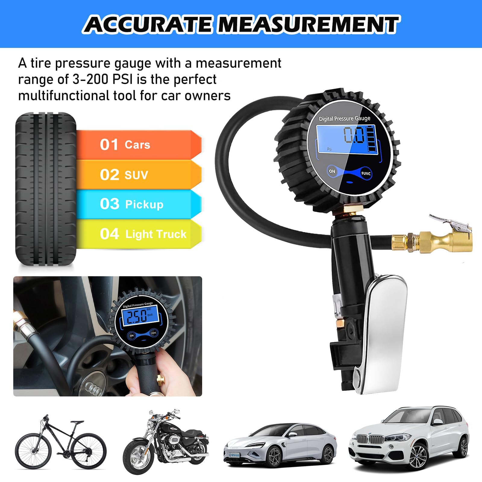 Set di 200 PSI, misuratore di pressione pneumatici, multifunzione, misuratore di pressione pneumatici, calibrato, gonfiatore per pneumatici con diversi pezzi di ricambio, valvola nucleo per auto e