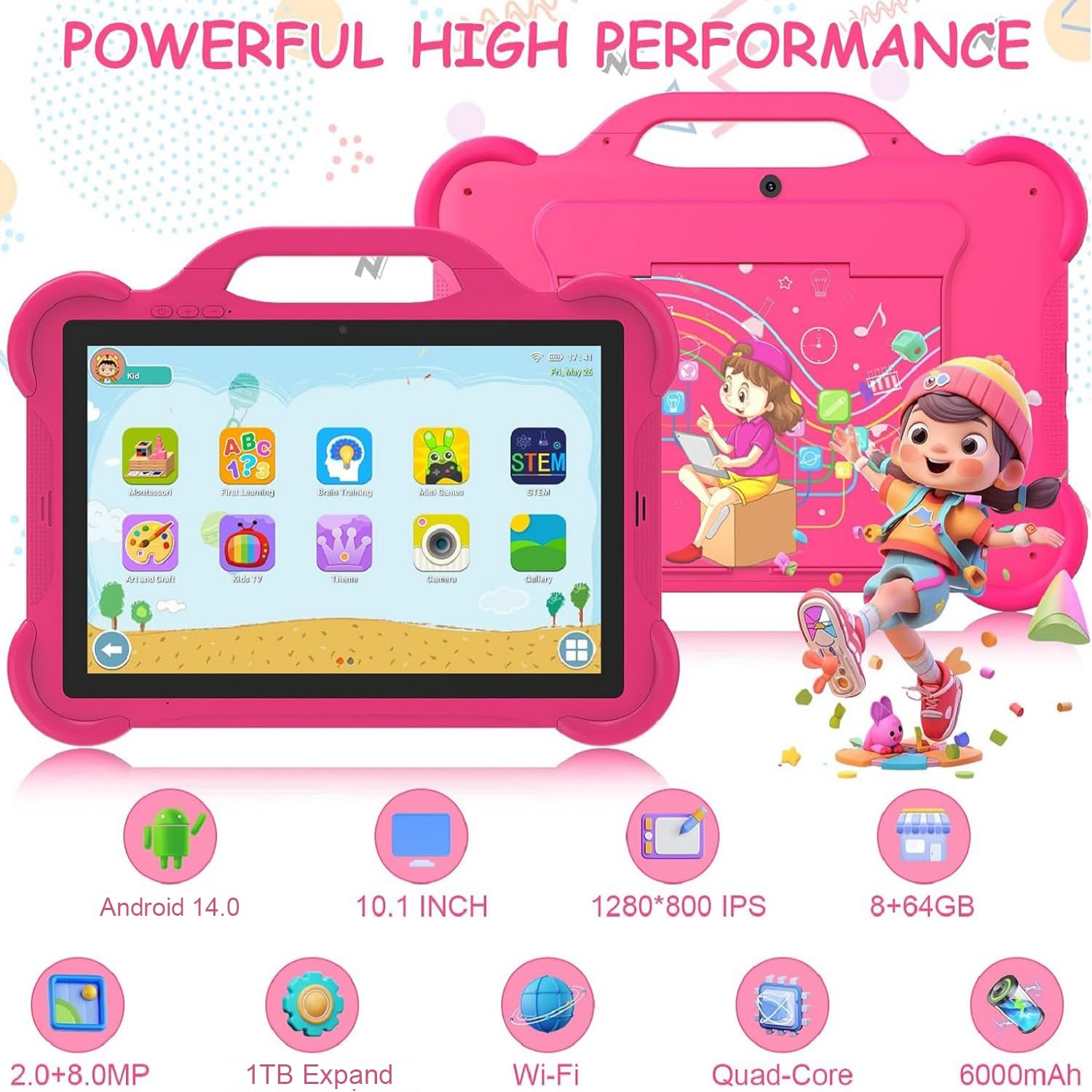 Tablet Android 14 para niños pequeños - Pantalla IPS de 10.1, 8 GB de RAM+32 GB de ROM, aplicación de control parental, pestaña WiFi 2