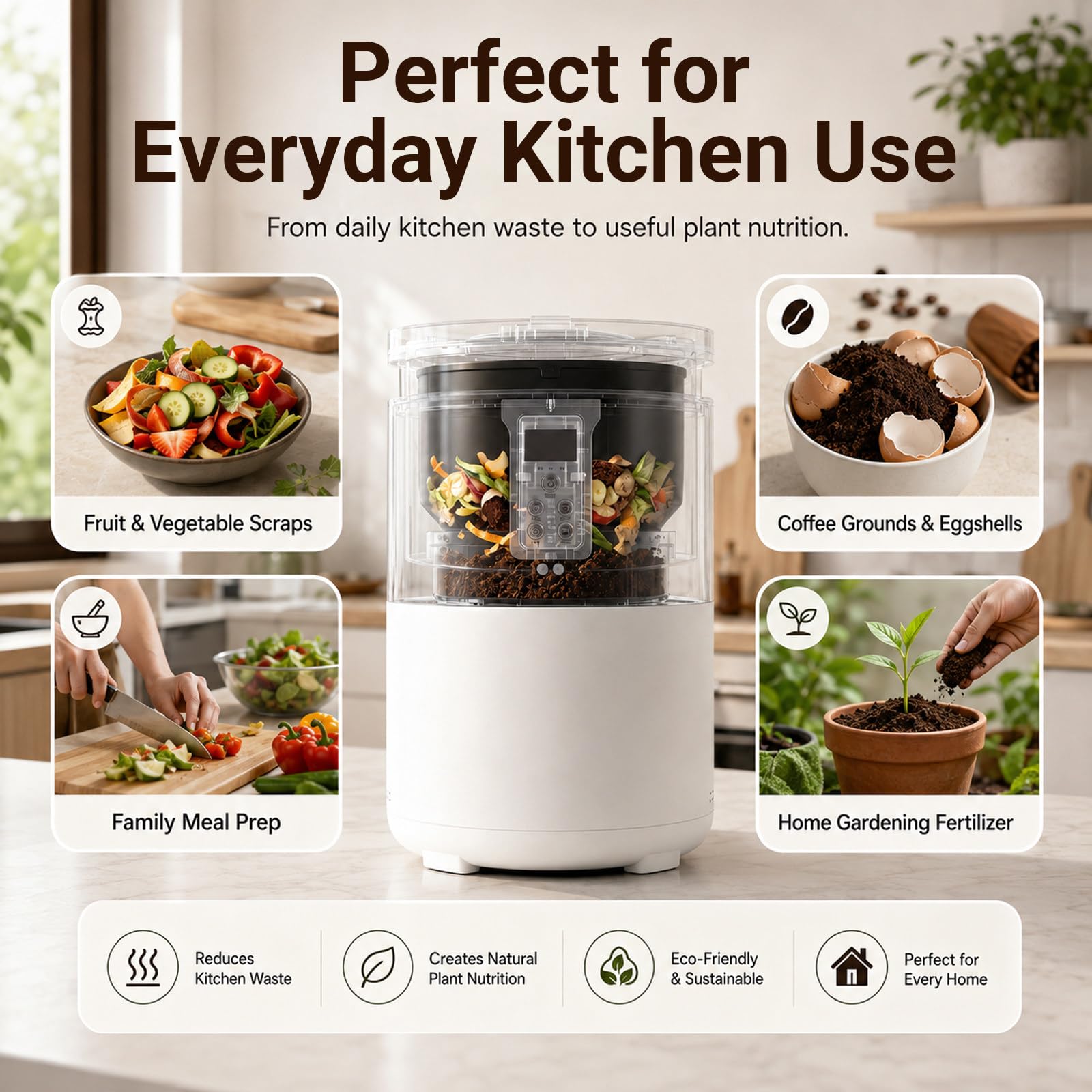 MIAOXIAOLONG Compostador Eléctrico 220 V, Cubo para Residuos En Encimera | Reciclador De Alimentos 4.5L, 1 Botón Para Compostar, Cubo De Compostaje Fácil De Limpiar, Bajo Ruido, Sin Olor, Blanco