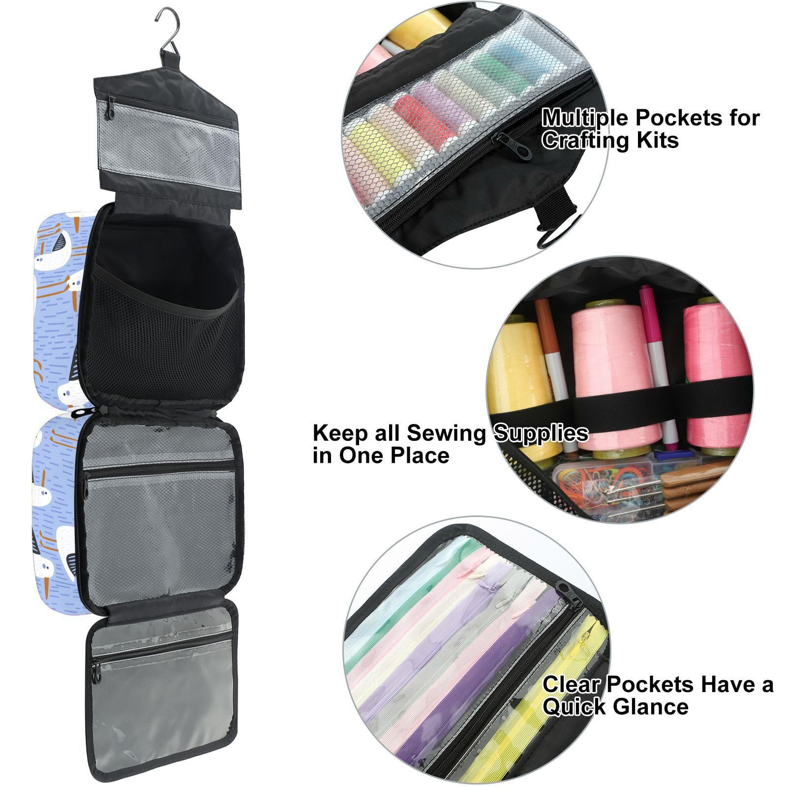 YNNALE Sewing Supply Organizer Bag, Hand Drawn Seagull Cute Seabird Portable Sewing Bags with Pockets&Hanger, Sewing Storage Box Case for Sew Supplies/Kit/Tools/Accessories (BAG ONLY)