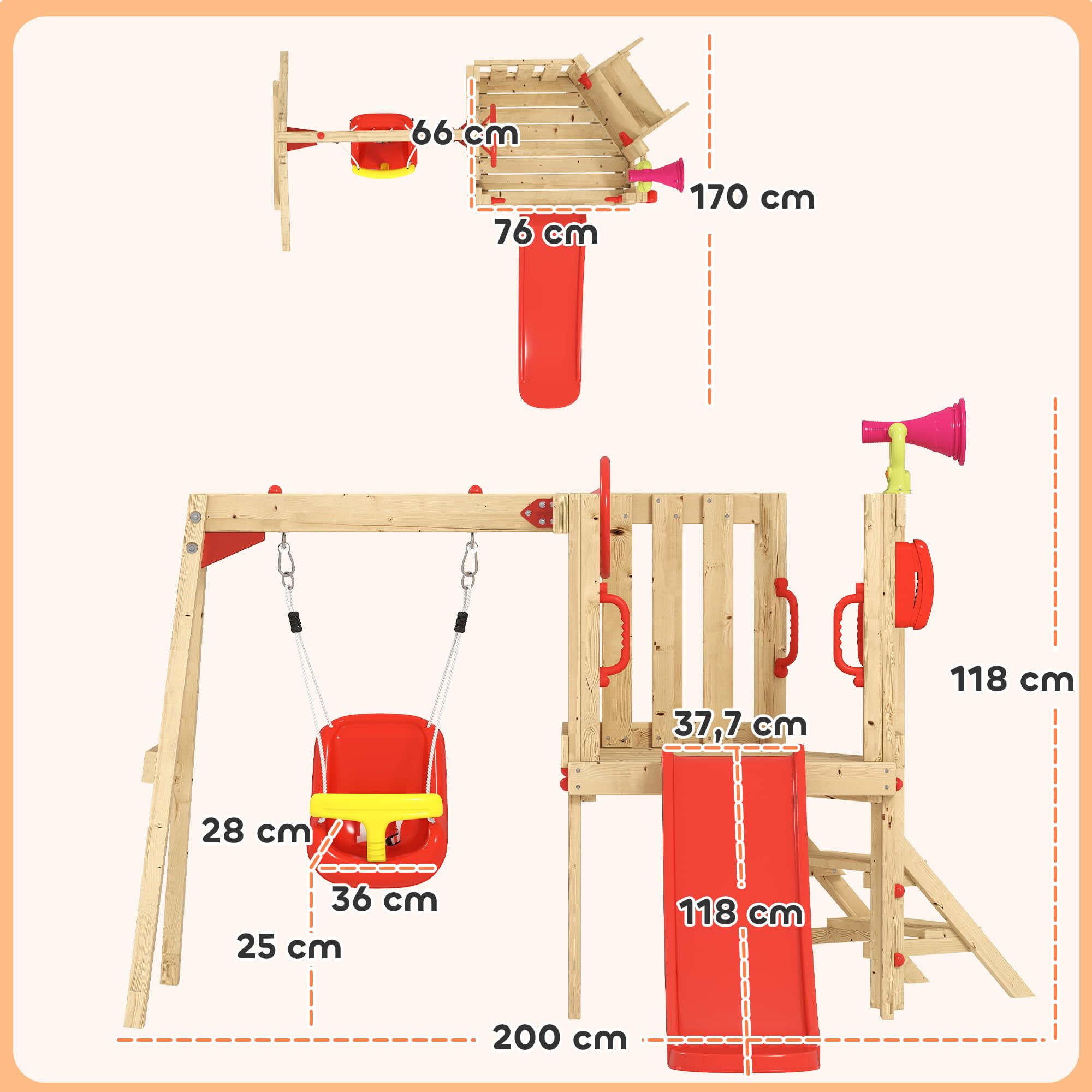 Outsunny Columpio y Tobogán Infantil, 5 en 1, Parque Infantil Exterior de Madera con Columpio, Tobogán, Volante, Bocina, Teléfono, para Niños de 18-48 Meses, para Patio, Césped, Rojo