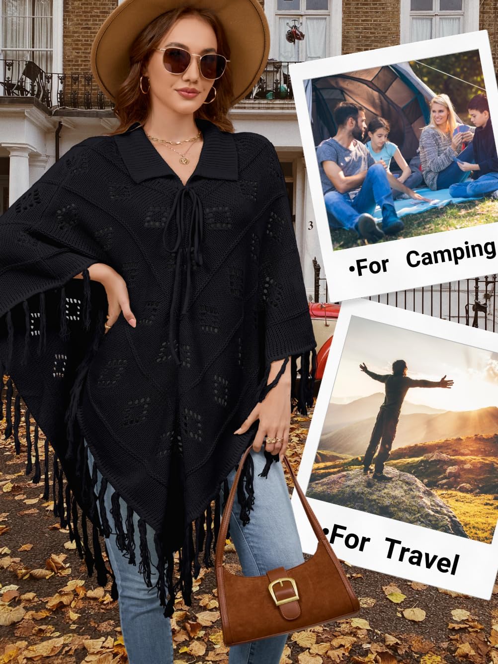 ChiaoLezhee Women's Western Fringe Poncho Dress, 2026 Country Concert Cowgirl Outfits, Boho Festival Hollow Out Knit Top