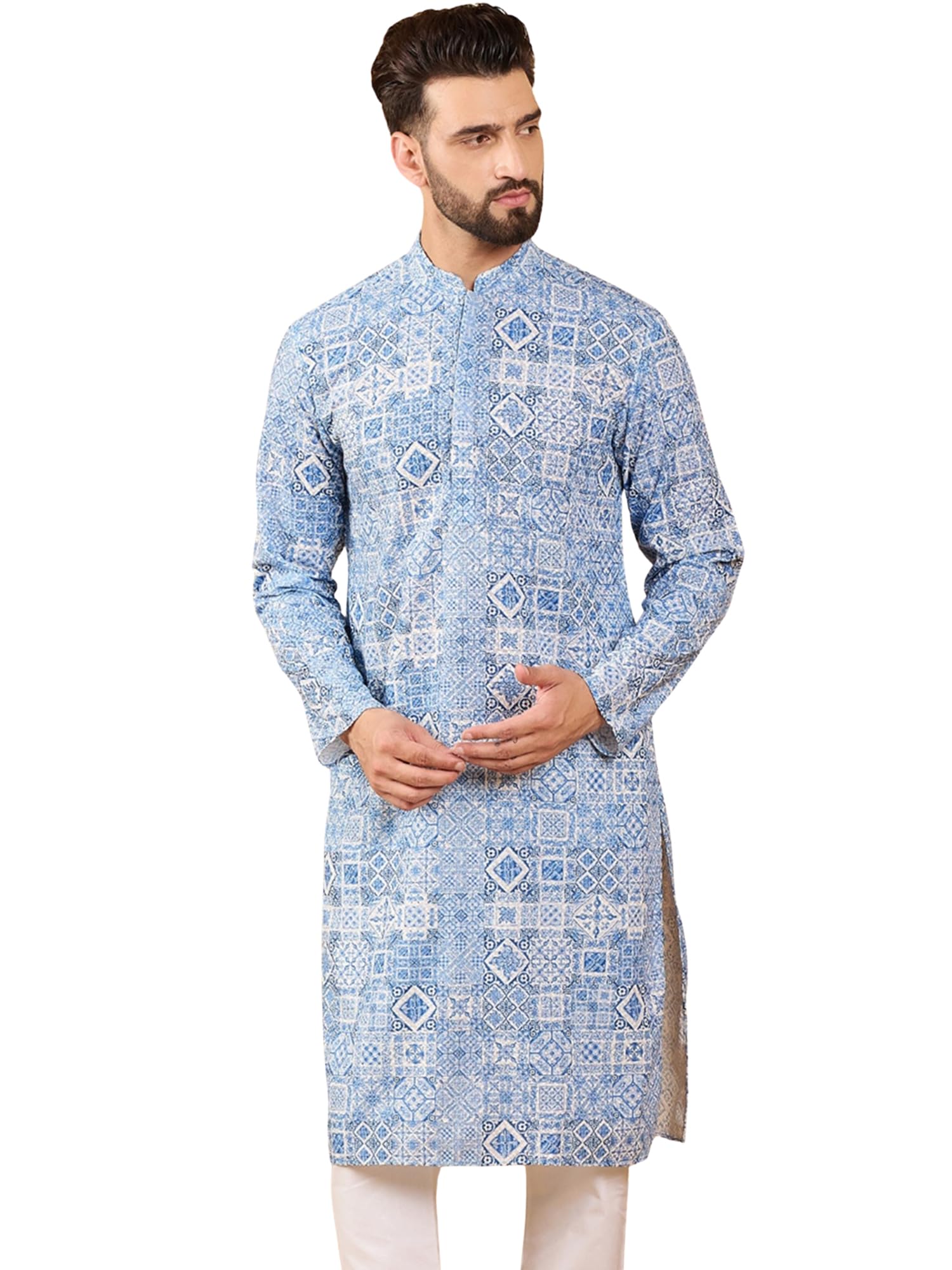 ethnic bay Men's Blue Viscose Rayon Geometric Embroidered Design Calf Length Kurta Set | Embroidered Design Kurtas Sets For Mens | Straight Fit Kurta's For Men-picture-37