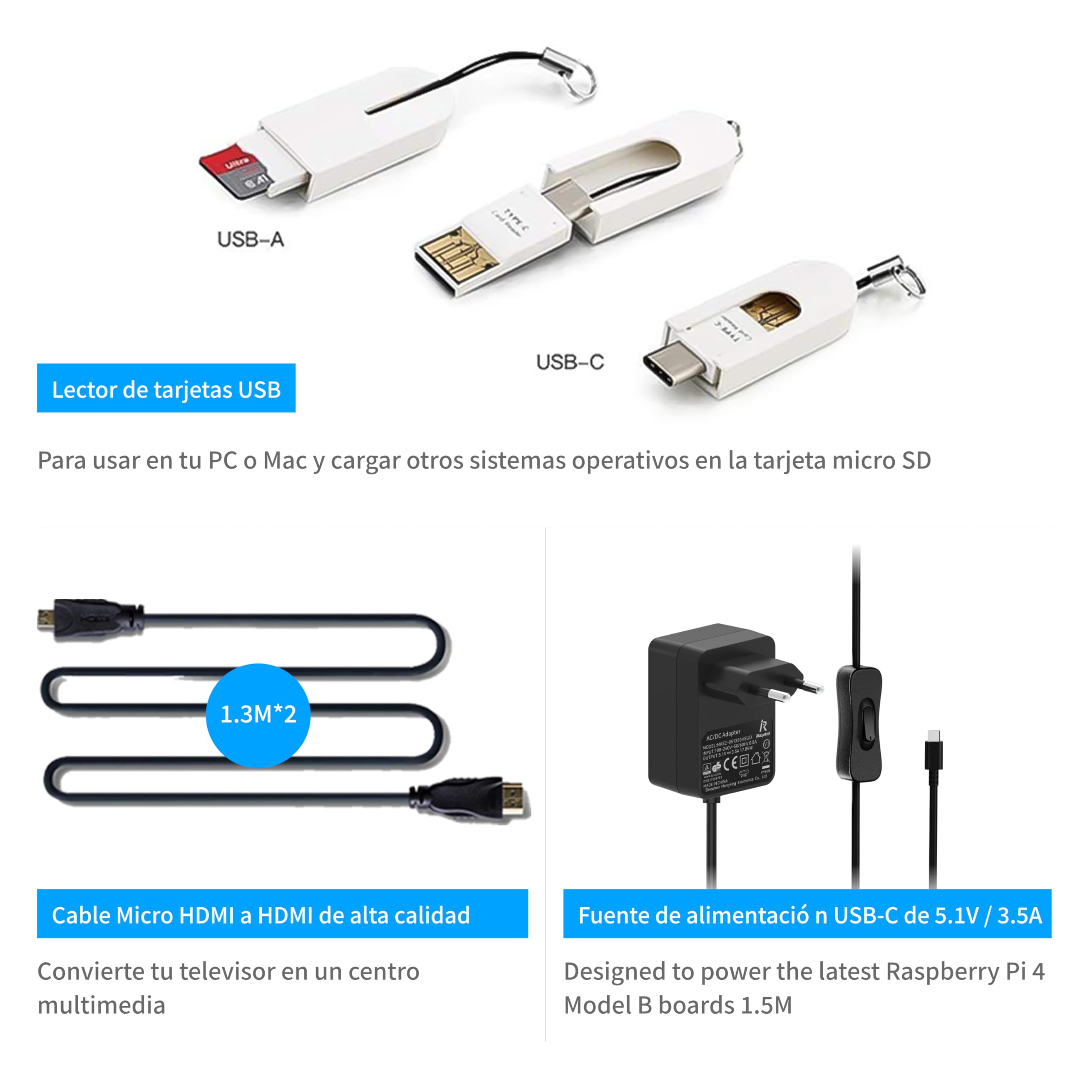 iRasptek Starter Kit For Raspberry Pi4 4B 4GB RAM - Kit Inicio Completo -Edición 64GB SD, Noobs preinstalado