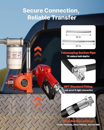 Miniatura 6 de VEVOR Bomba de transferencia de combustible, 12 V CC 10 GPM, kit de bomba de transferencia diésel portátil, con boquilla de apagado automático,