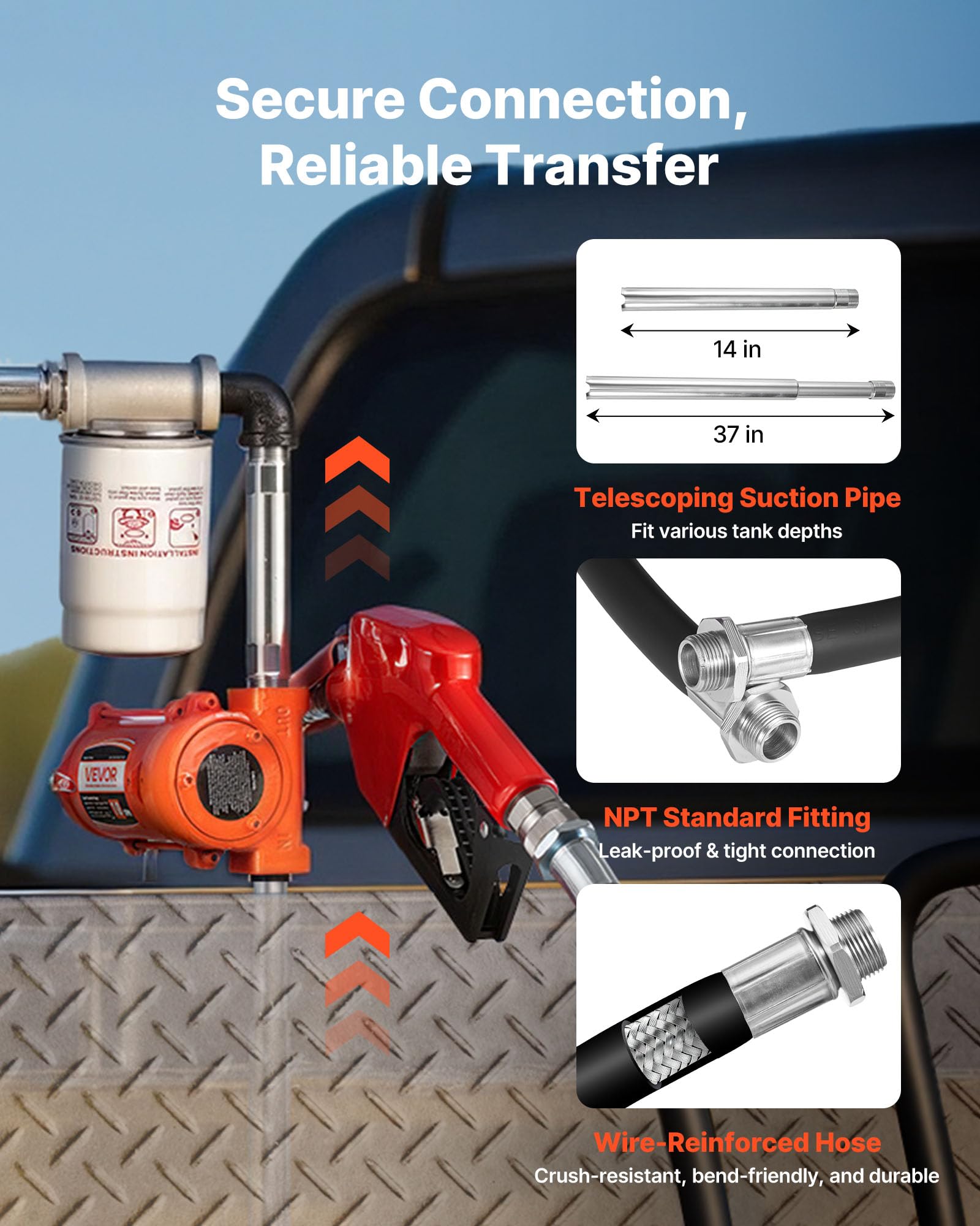 VEVOR Bomba de Transferencia de Combustible de 12 V CC 10 GPM, con Boquilla de Apagado Automático, Manguera de Descarga, Protección contra Sobrecalentamiento, para Gasolina, Diésel, Queroseno