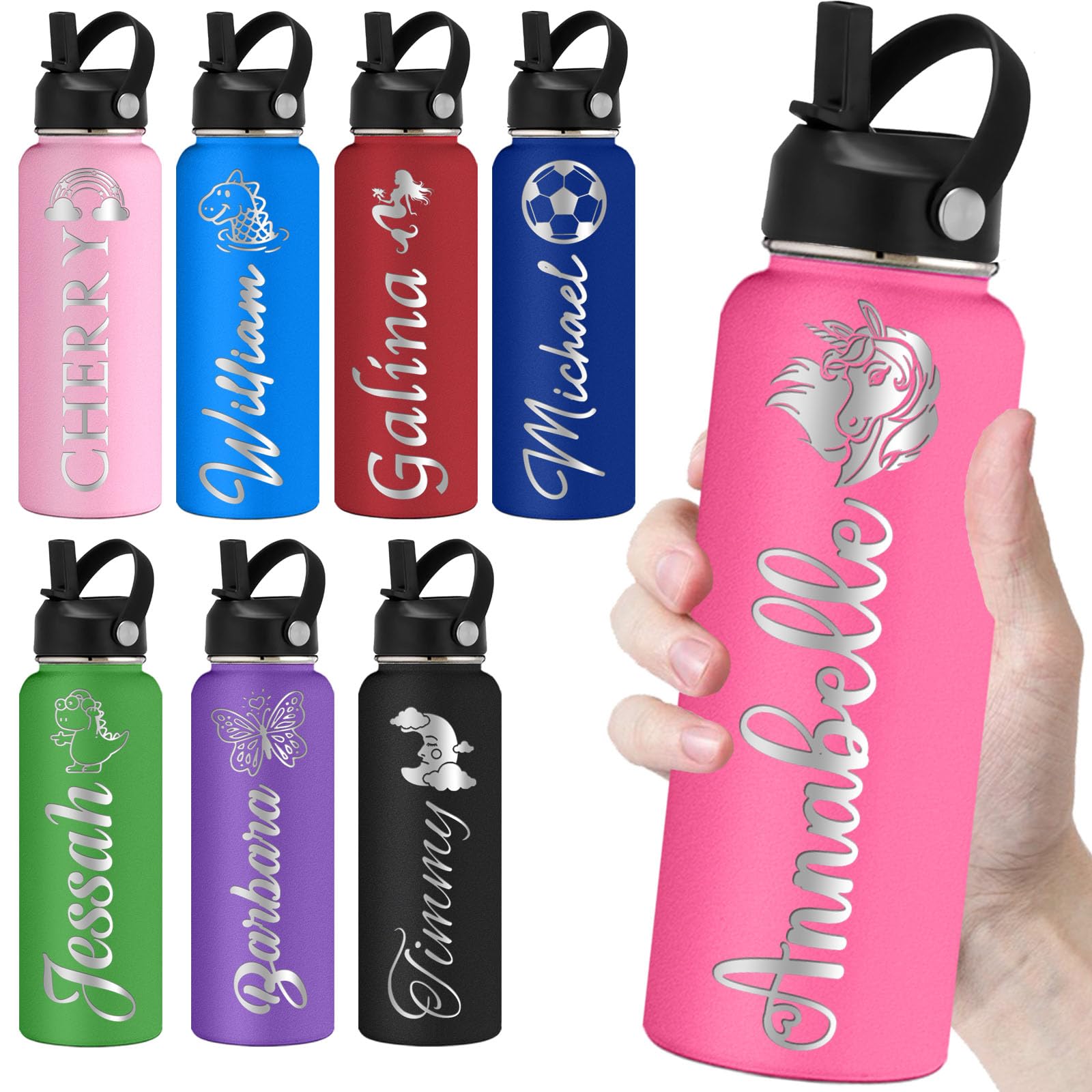 kioskbanks Personalized Water Bottles with Straw 40oz Custom Engraved Water Bottle for School Customized Name Double Wall Insulated-DarkPink