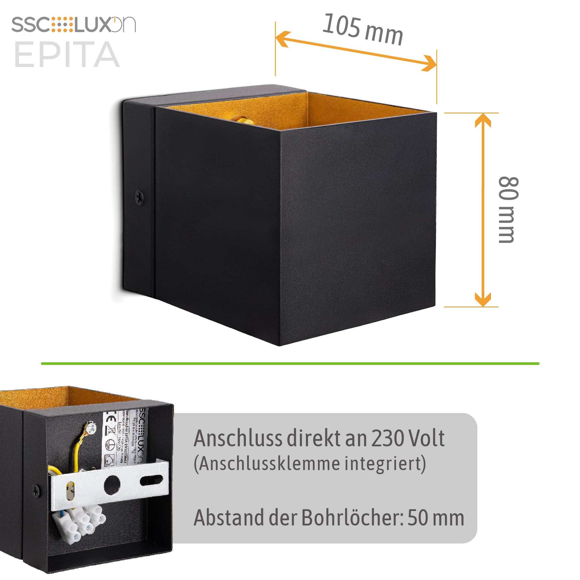 SSC-LUXon EPITA Wandleuchte 2 Stück Innen schwarz-gold Up & Down G9 | Zwei moderne Wandlampen schwarz mit goldenem Innenschirm - Up-Down-Licht für Flur, Treppenhaus & Schlafzimmer, G9-Fassung