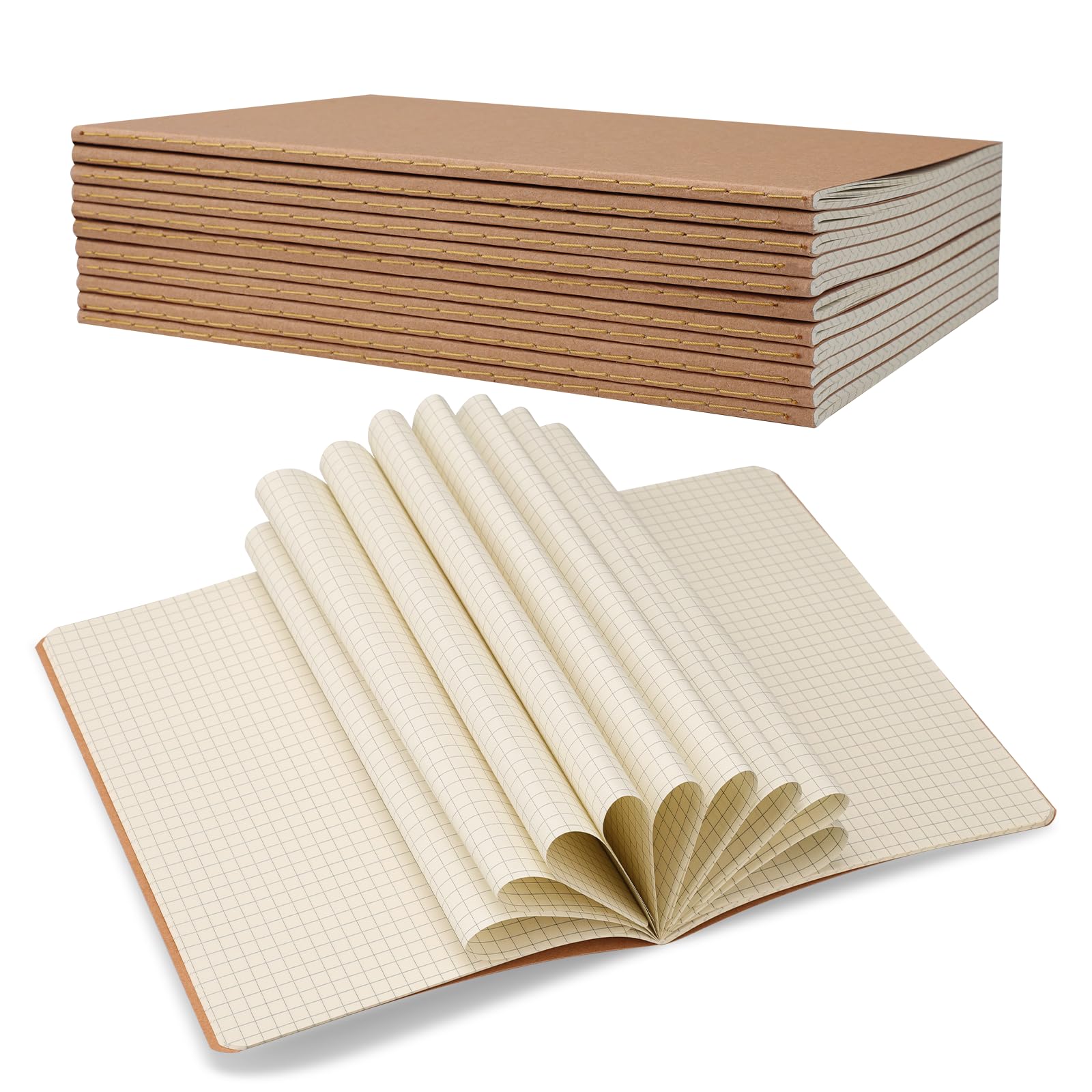 Orchideeknc A5 Squared Notebook, 12 Pieces Kraft Cover Notepad, Sketchbook for School, Office, Back to School Gift