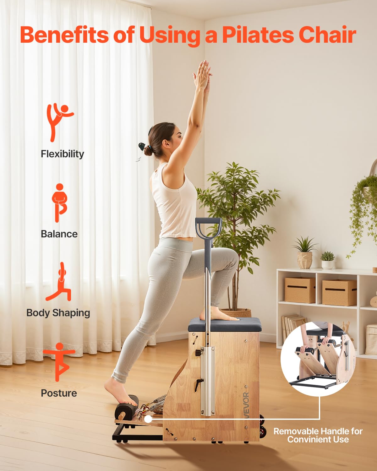 VEVOR Silla de Pilates, Combinación de Pedales Divididos y Estabilidad con Asas, Estructura de Madera Caucho, Equipo de Fitness para Yoga, Gimnasios en Casa y Estudios. 840 x 540 x (730) x 630 mm