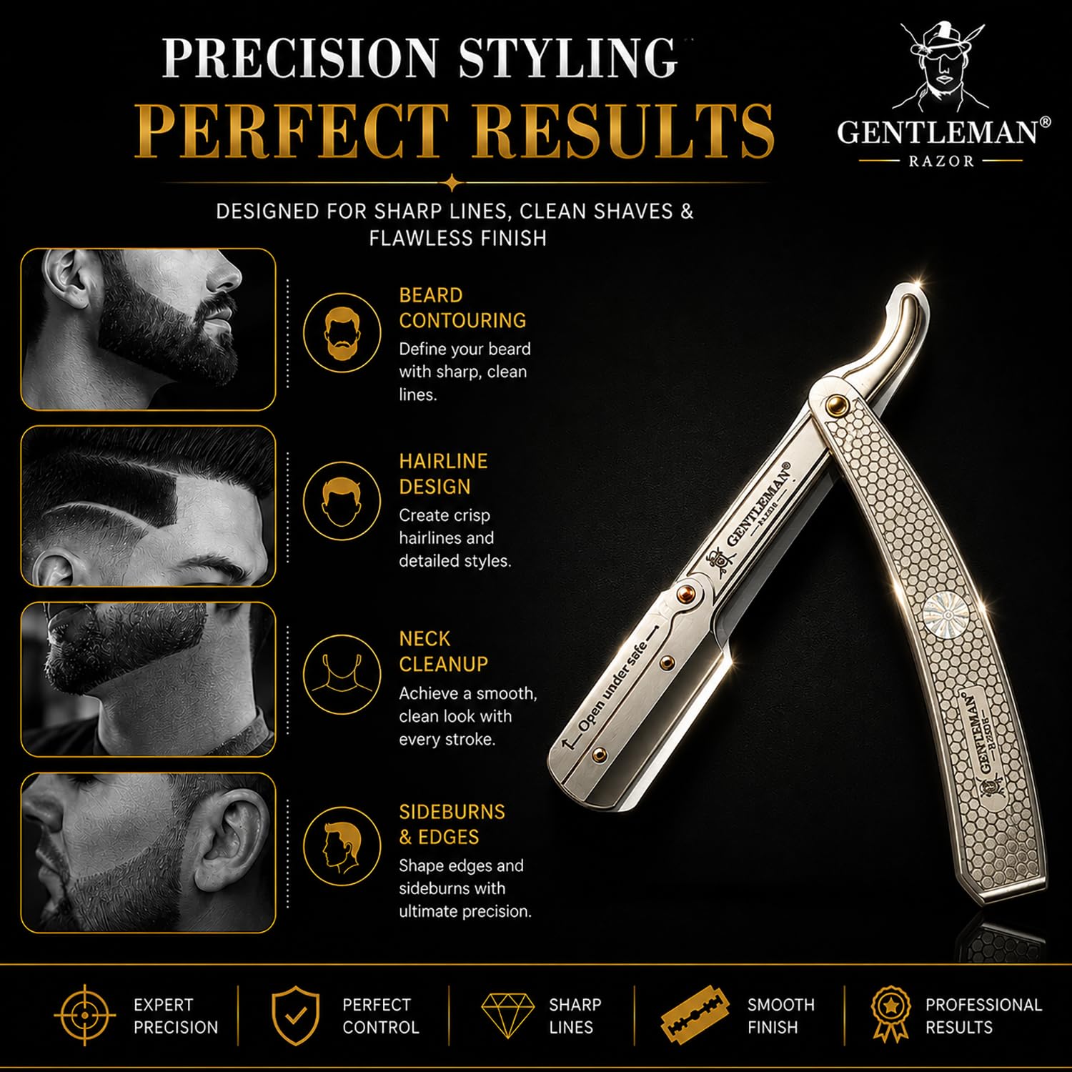 Fortive Gentleman Barber Folding Face Razor for Men - Stainless Steel Shaver for Men with Free Blade, Beard Shaper Tool - Straight Razor for a Precise and Smooth Shaving 4
