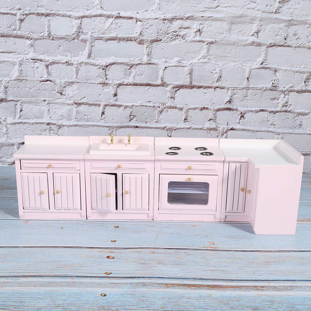Hidyliu Casa delle Bambole in Legno Mobili da Cucina Integrali Casa in Miniatura Carina Artigianale per Ragazze Rosa (Combinazione di mobili da cucina)
