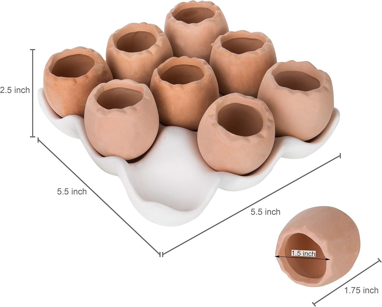 MyGift Succulent Mini Terracotta Plant Pots - Brown Egg Shaped Planters with White Ceramic Tray, Set of 9