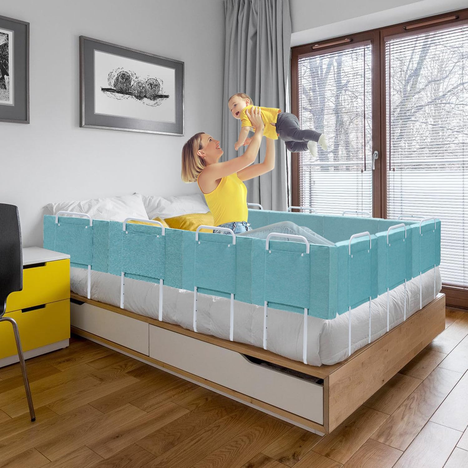 Barierka ochronna do łóżka, 60 cm, ochrona przed wypadnięciem do łóżeczka dziecięcego i łóżka rodzinnego, 5-stopniowa regulacja wysokości 40-60 cm, miękka kratka do łóżka z pokrowcem