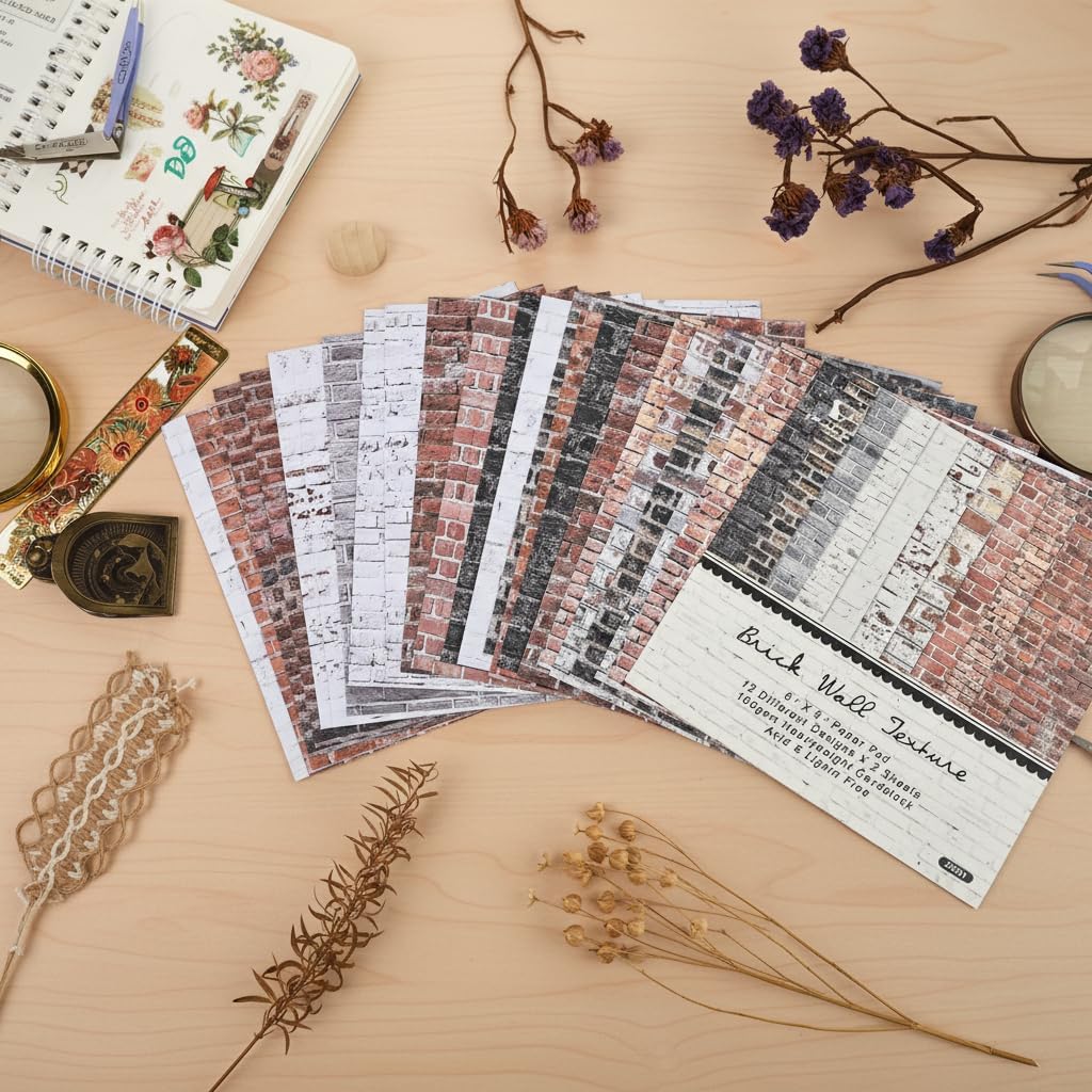 6x6 Scrapbook Paper Pad – 24 Sheets Brick Wall Texture Paper