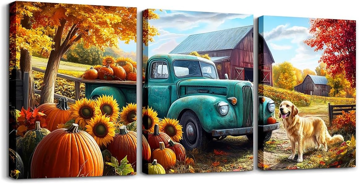 3Pcs Retro Rustic Barn Truck Wall Art,Sunflower Pumpkin Autumn Harvest Print Poster Wall Decor Pictures for Kids Teens Adult Dog Farmhouse Living Room Bedroom Office Home Decoration
