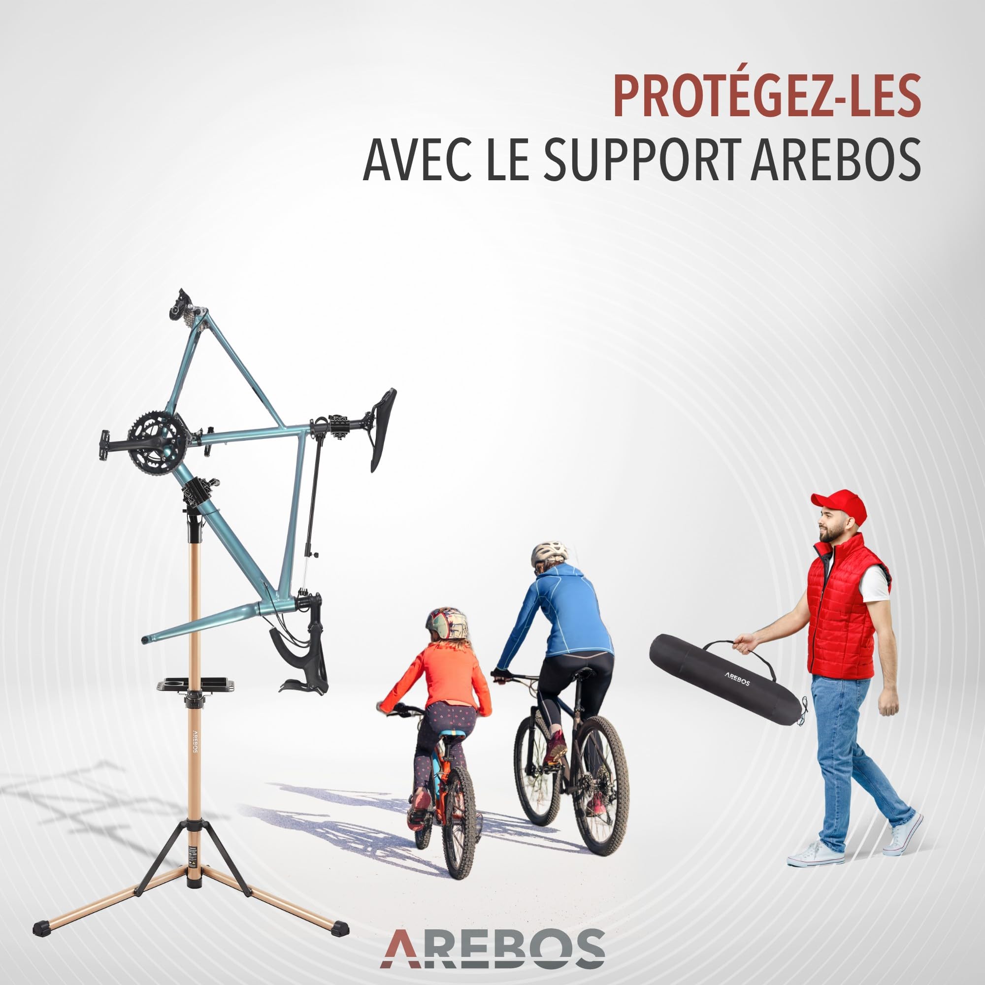 AREBOS Support de Montage Vélo en Aluminium | Réparation Professionnelle pour VTT, Vélo Électrique et Vélo | Rotation 360° | Avec Sac et Serrage Rapide | Champagne