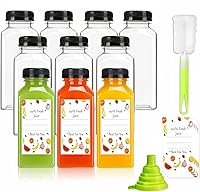 Sonfon 12oz Reusable Plastic Juice Bottles 10 Pack with Tamper-Proof Black Lids, Labels & Brush - Clear, Leak-Proof for Juicing, Smoothies, Milk