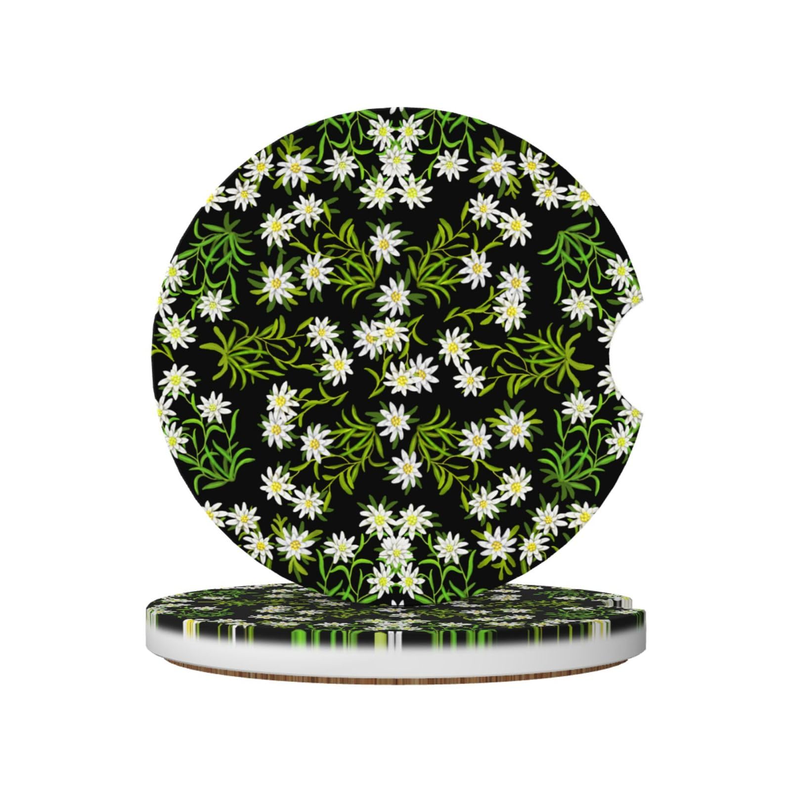Swiss Alpine Edelweiss Floral, Car Cup Holder Coasters 2 Pack, Absorbent Ceramic Car Coasters with Non Slip Cork Base