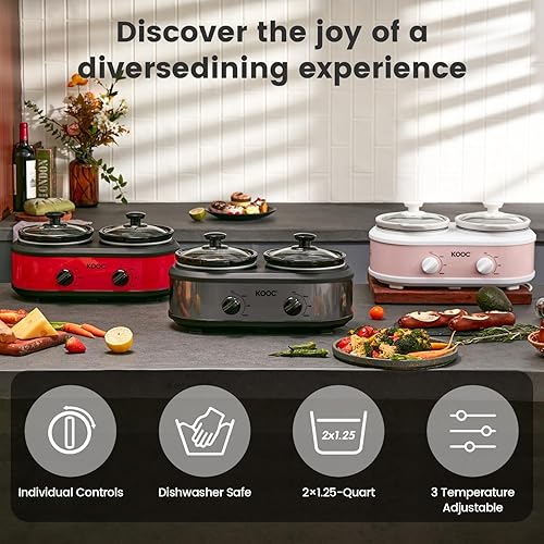 Miniatura 8 de KOOC Olla de cocción lenta doble pequeña, servidor de buffet y calentador, 2 mini ollas con 3 temperaturas ajustables individuales, ollas de