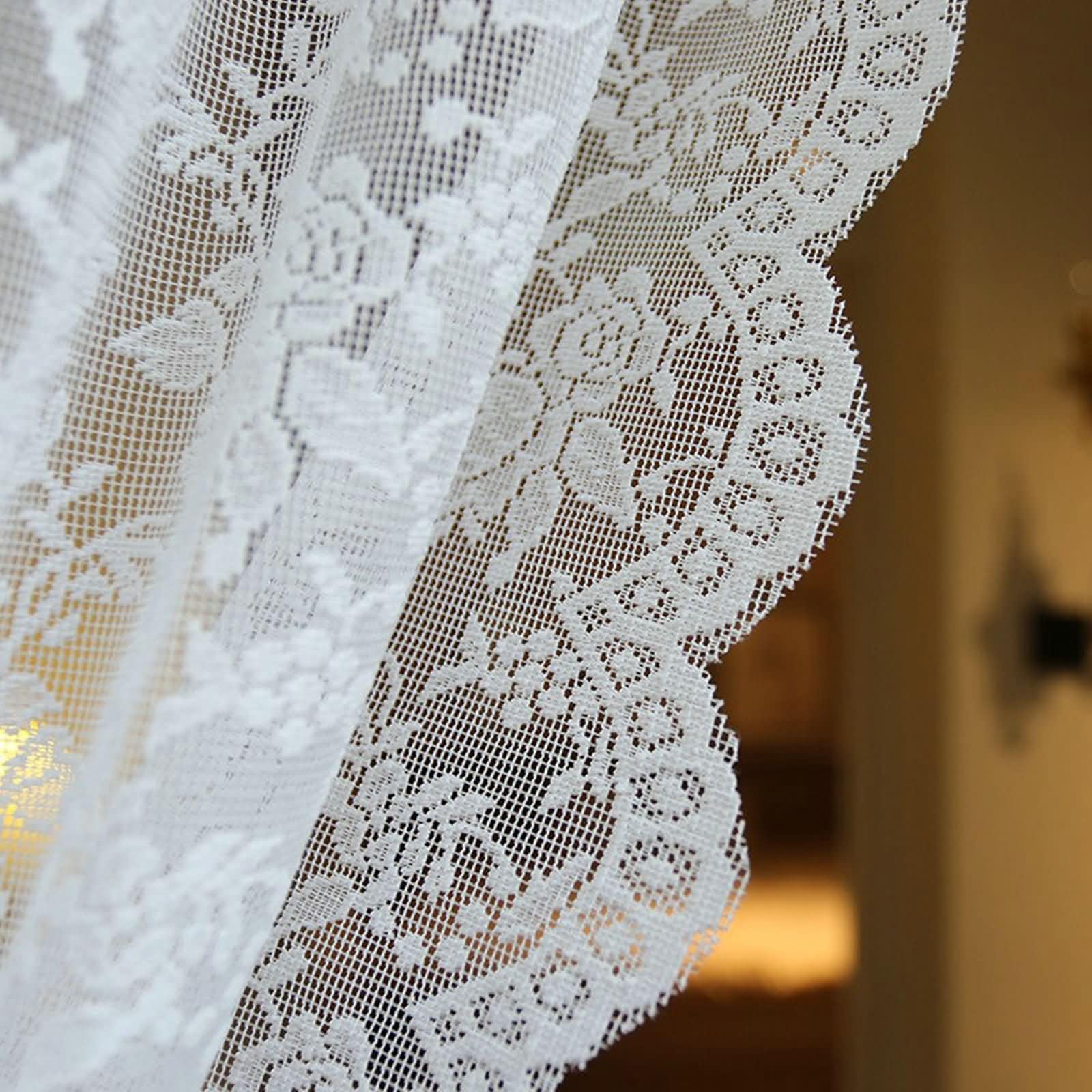 Zazdrostki kuchenne, zestaw 1 szt., 1 x 140 W x 140 cm (wys. x szer.), krótkie białe, koronkowa haftowana, wzór kwiatowy, firanki z kieszenią na pręt