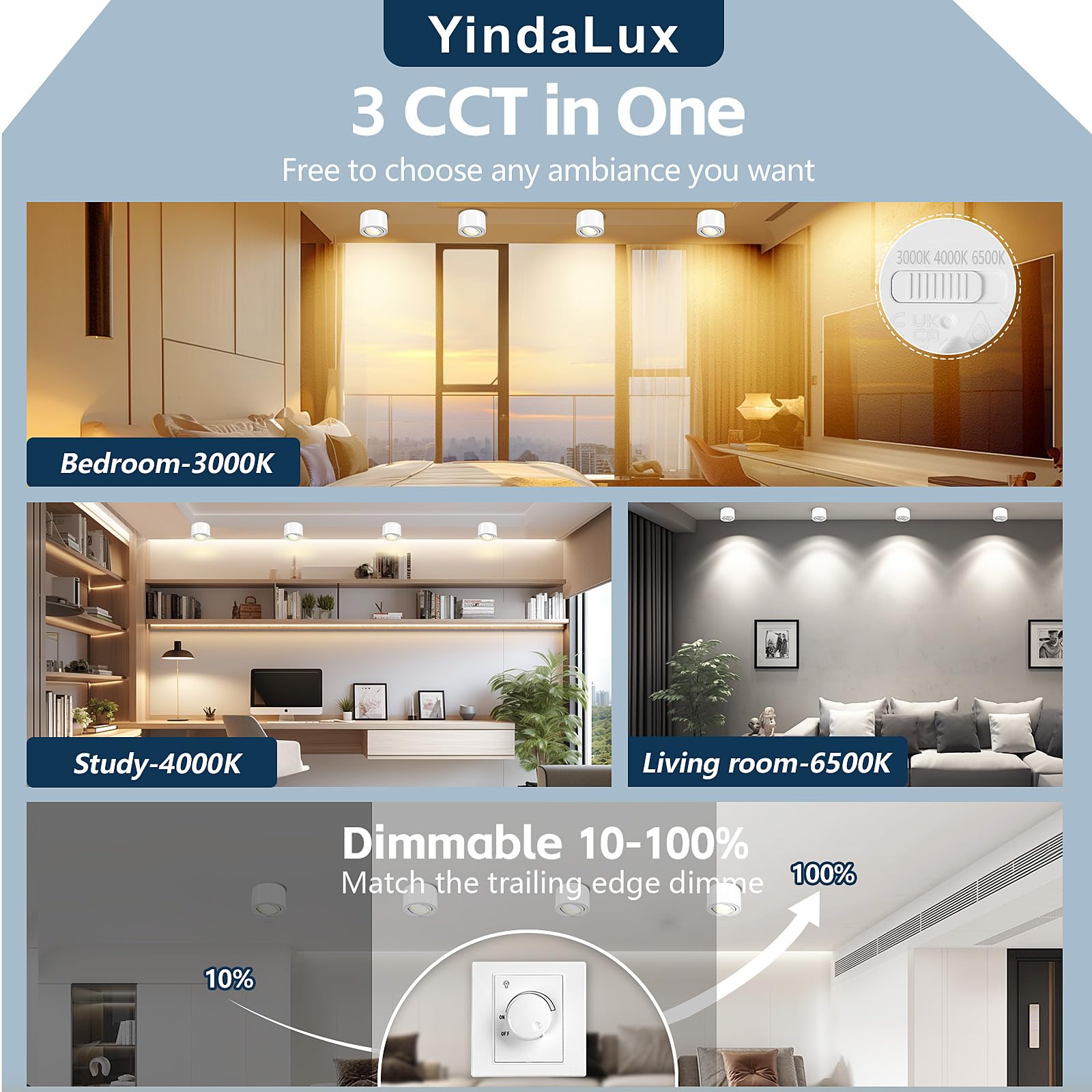 YindaLux 3 x 3CCT LED Surface-Mounted Spotlights, White, Extra Flat & 30° Swivelling Spotlights, Ceiling Spotlights - Image 3