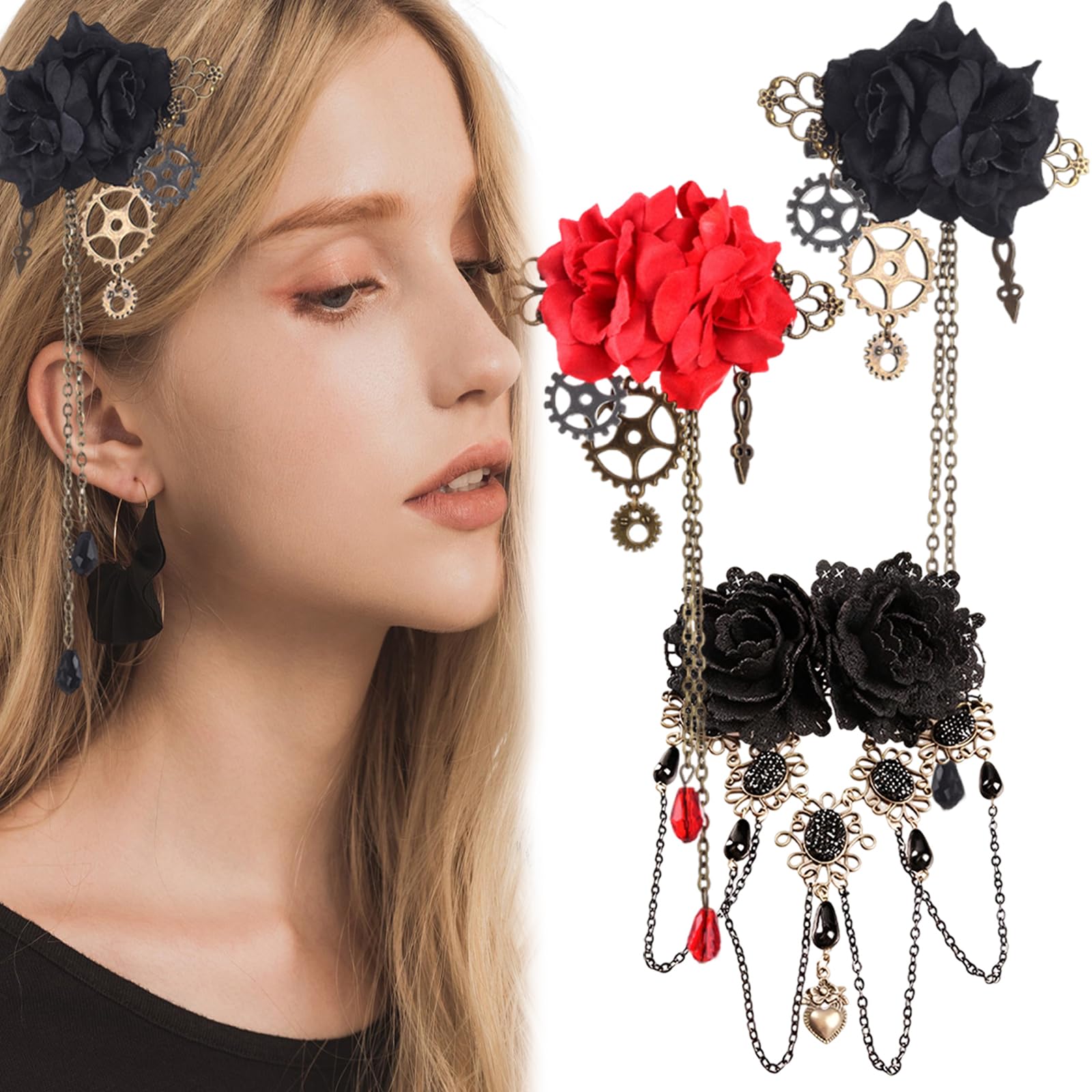 Muiltvoe 3 PCS Black Rose Hair Clips Crocodile Hair Barrettes Steampunk Tassels Chain Metal Non-Slip Hairpin Tassels Hairclips Vintage Halloween Headdress Accessories for Girls Women