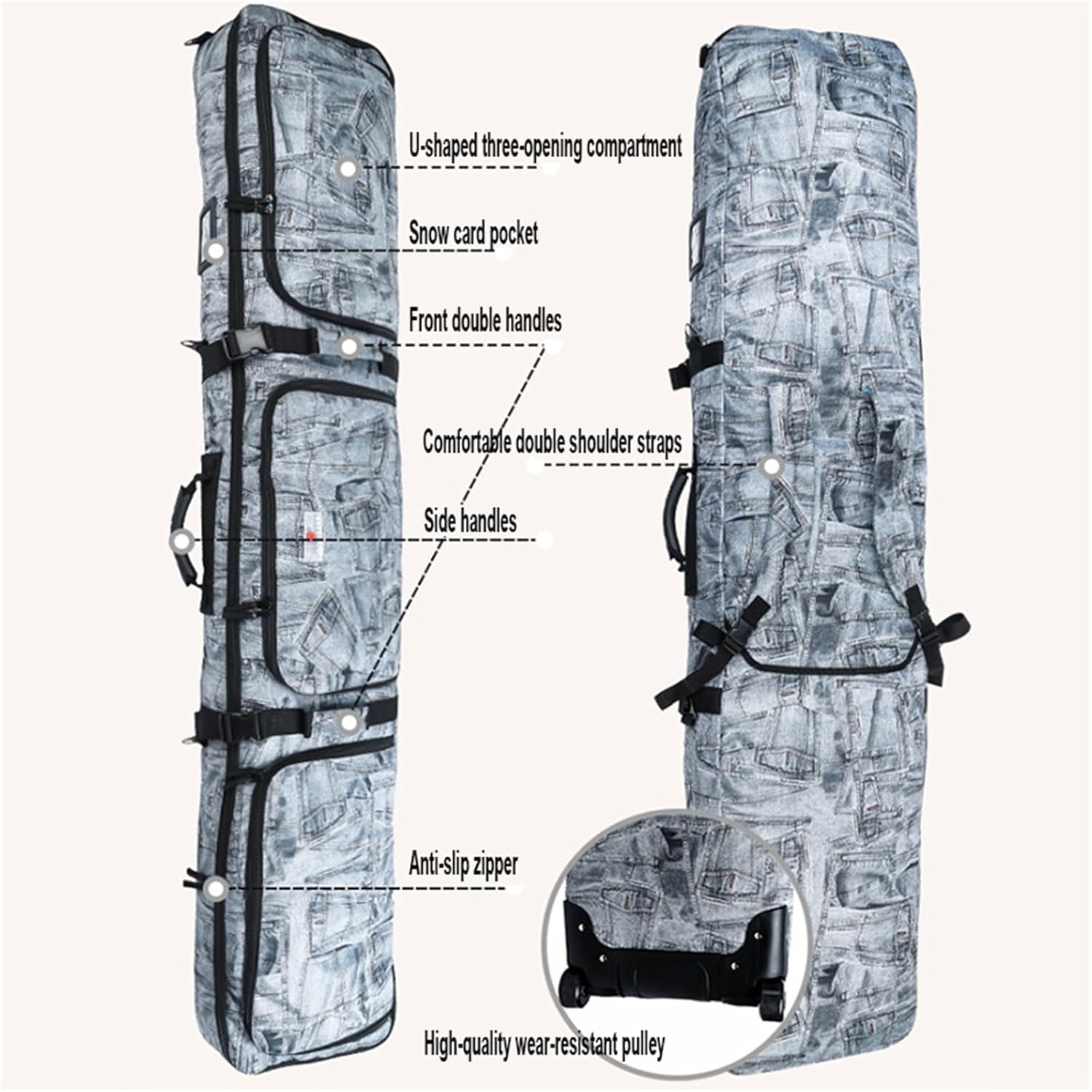 Padded Snowboard Bag with Wheels Double Rolling Ski Bag Foldable Wheeled Ski Bag Travel Bag for Single Snowboard and Snowboard Boots,Helmet,Clothes