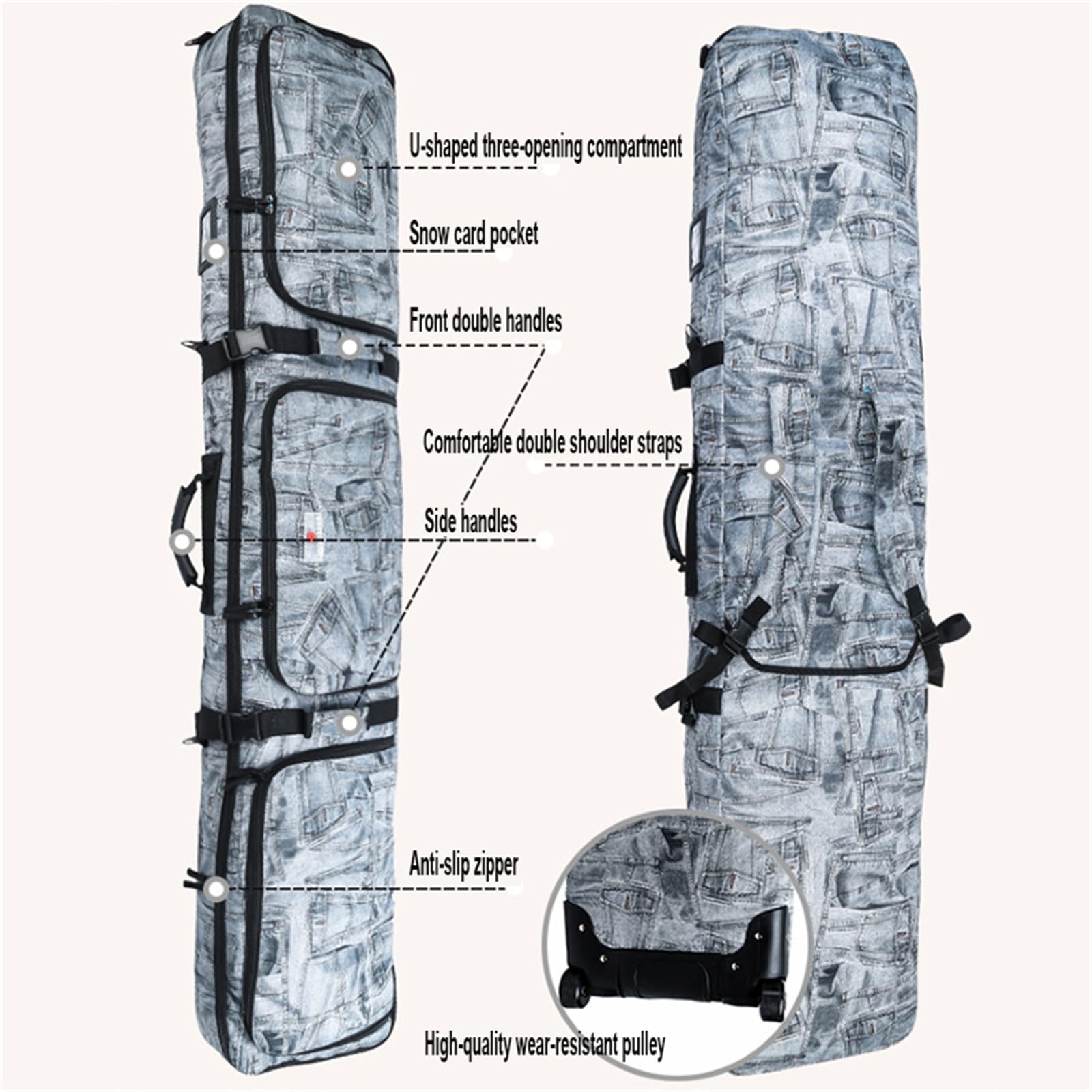 Sac de Snowboard rembourré à roulettes Sac à Skis à roulettes Double Sac à Skis Pliable à roulettes Sac de Voyage pour Snowboard Simple et Chaussures de Snowboard, Casque
