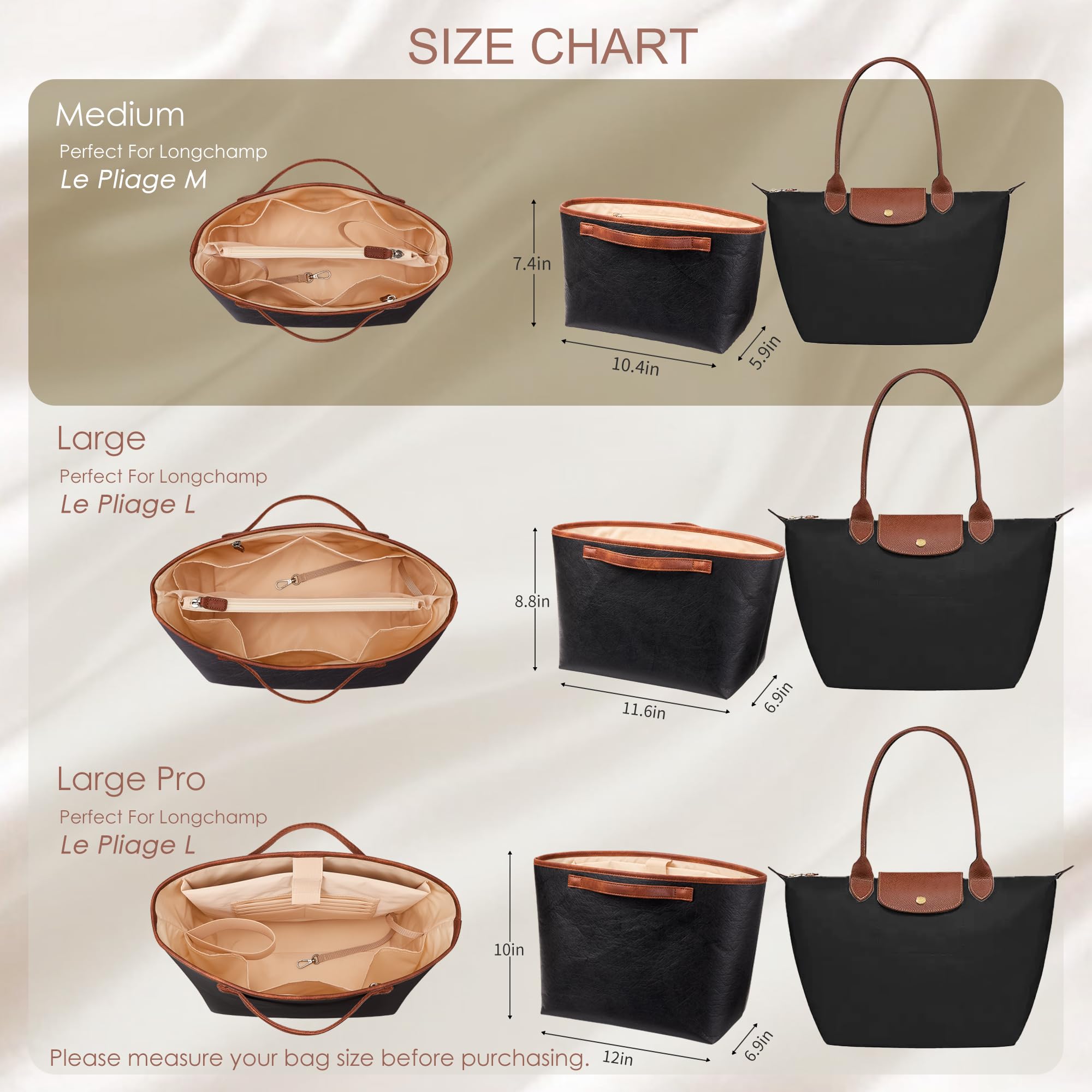 KALIDI Organizer do torby Longchamp Le Pliage M Xtra, ultralekki wodoodporny ulepszony rękaw wewnętrzny przegroda damska torba na ramię torebka torebka, średnia czarna