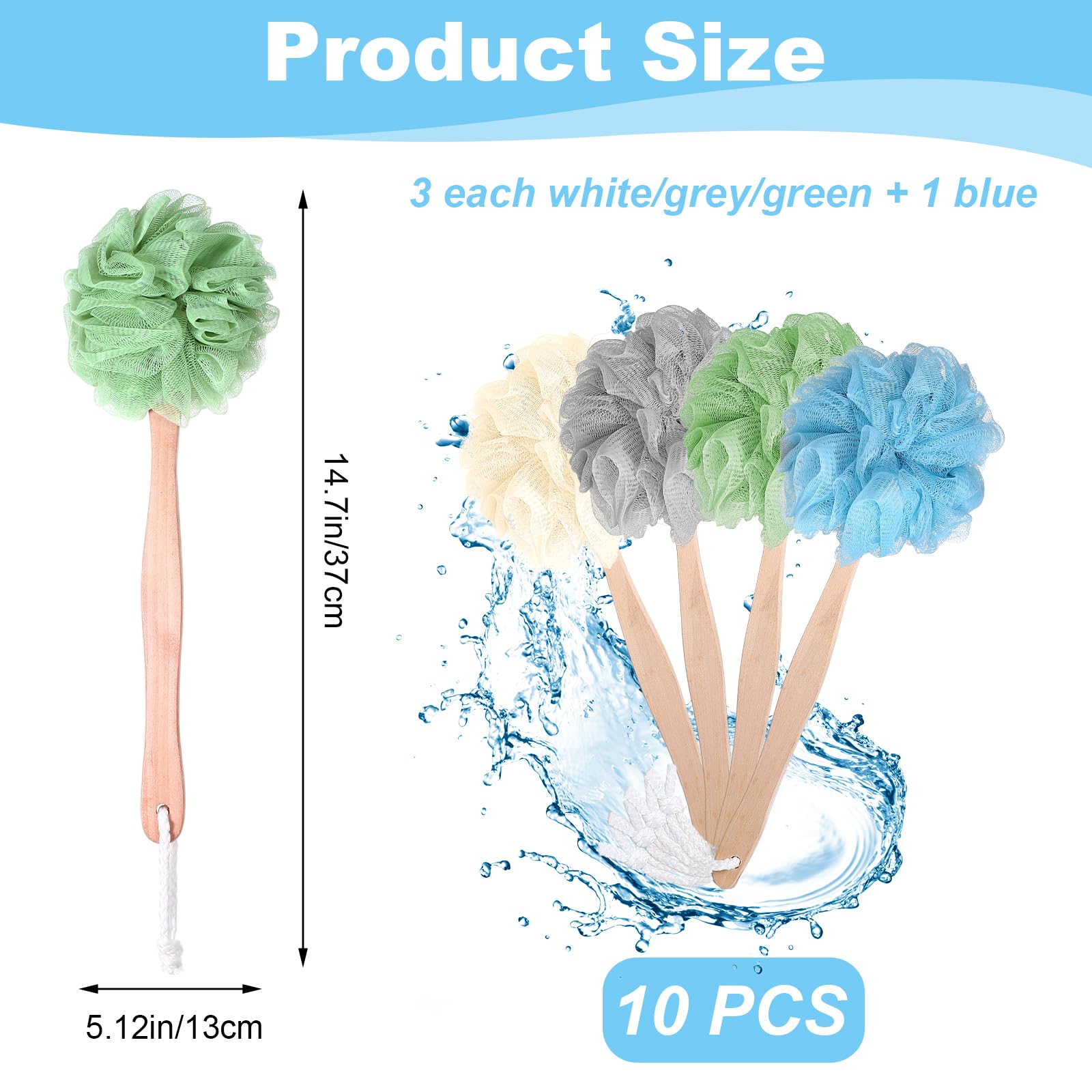 10 spugne grandi da bagno in luffa con manico lungo per doccia, luffa con manico per schiena, spazzola spa per donne e uomini (4 colori)