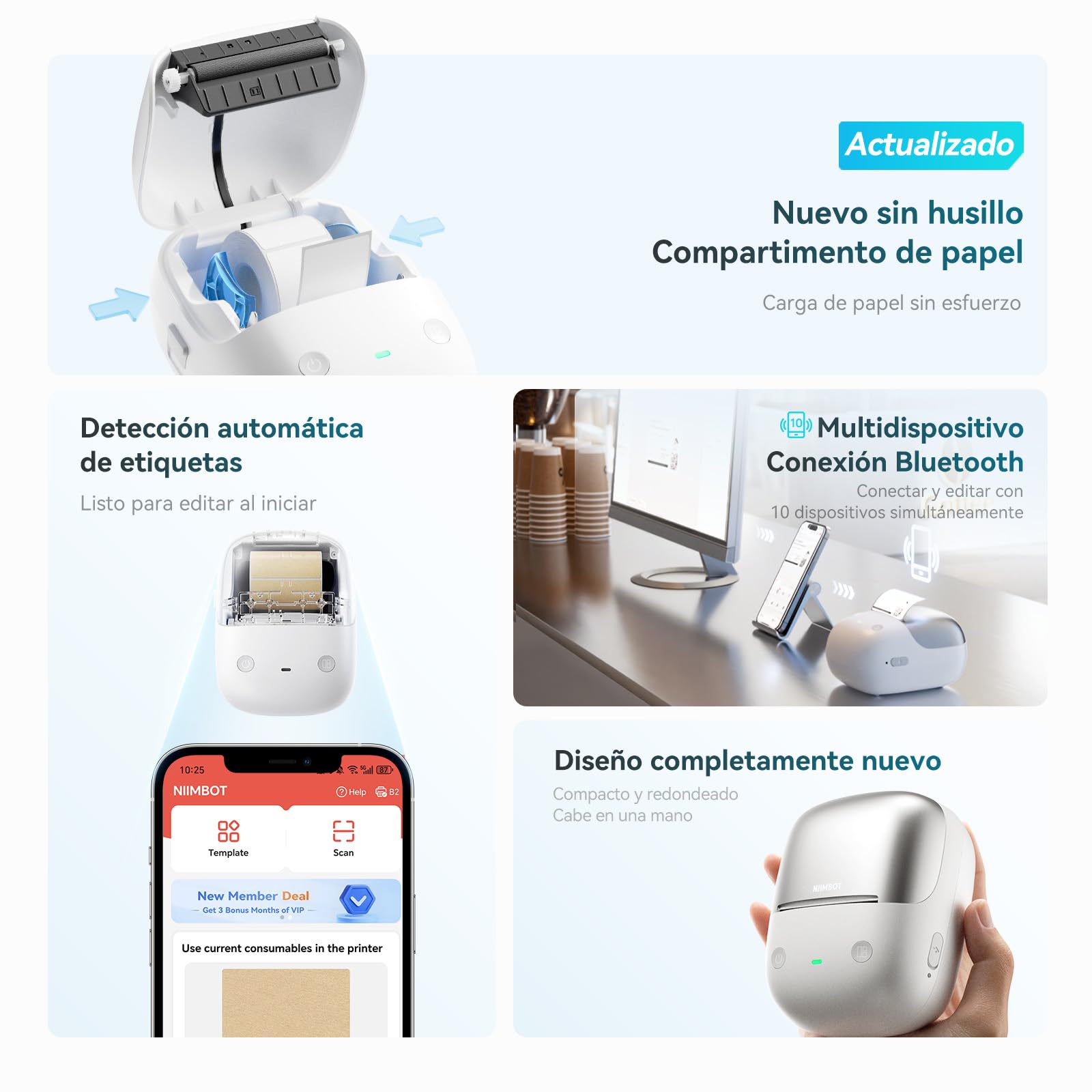 NIIMBOT Etichettatrice B2 Pro,Stampante per etichette HD 300DPI,Supporta la stampa offline,con etichette autoadesive impermeabili per le foto,Casa, Ufficio e Business Argento
